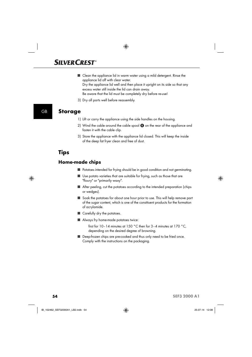 Storage, Tips, Home-made chips | Silvercrest SEF3 2000 A1 User Manual | Page 57 / 63