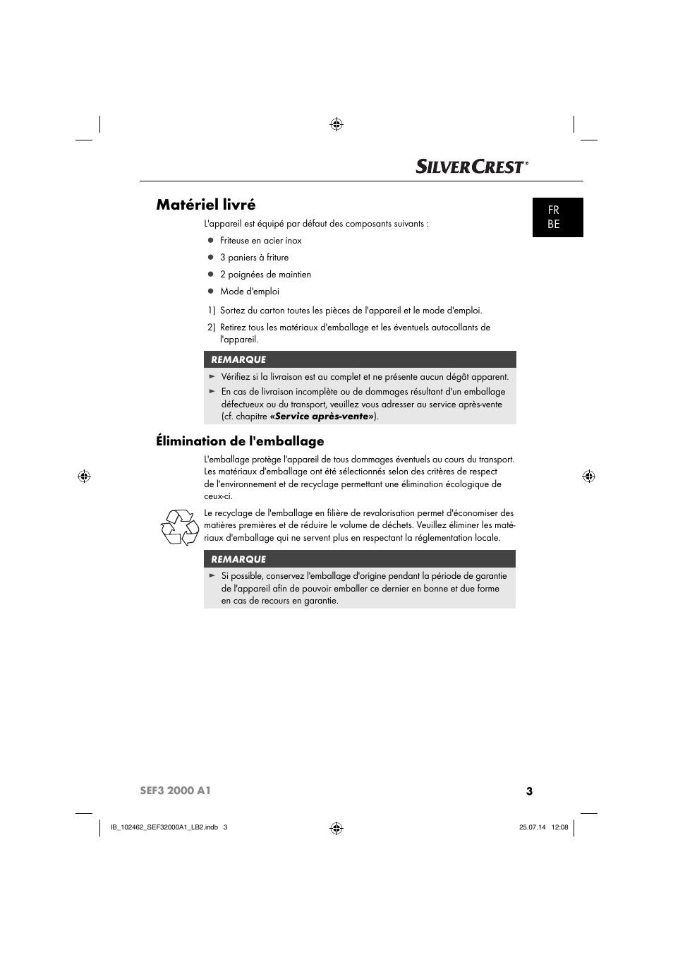 Matériel livré, Élimination de l'emballage, Fr be | Silvercrest SEF3 2000 A1 User Manual | Page 6 / 63