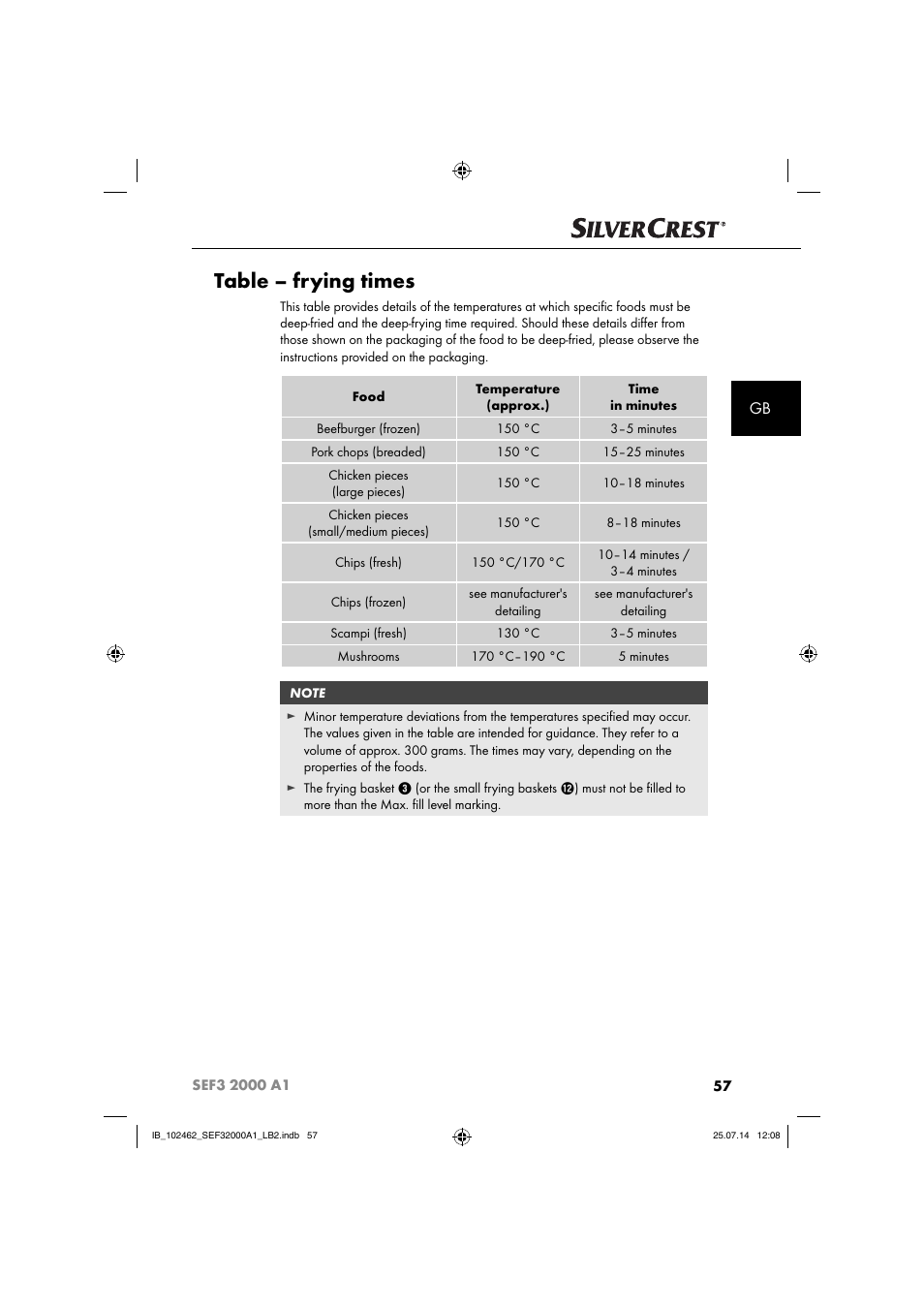 Table – frying times | Silvercrest SEF3 2000 A1 User Manual | Page 60 / 63