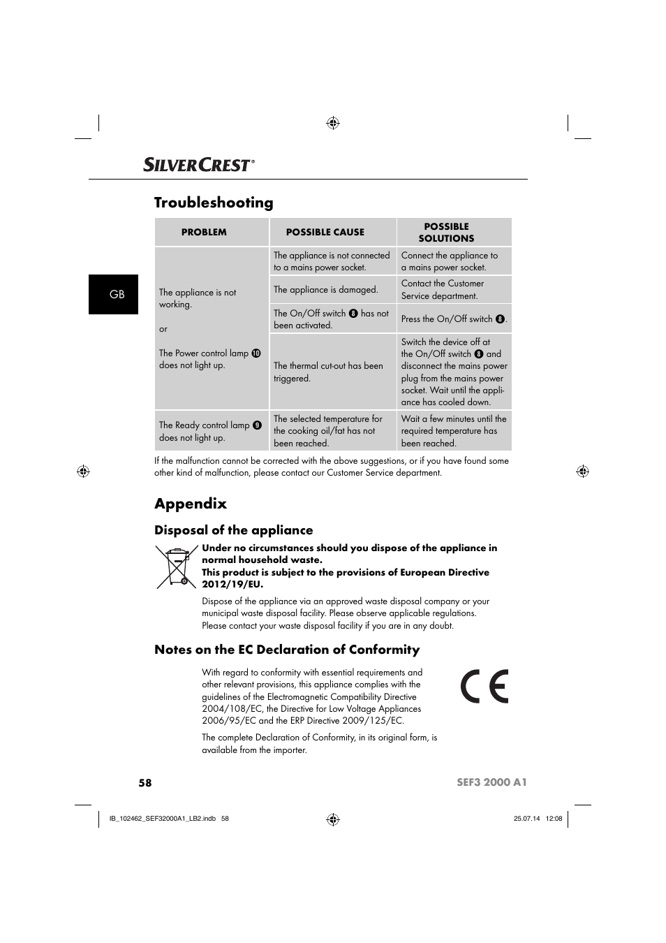 Troubleshooting, Appendix, Disposal of the appliance | Silvercrest SEF3 2000 A1 User Manual | Page 61 / 63