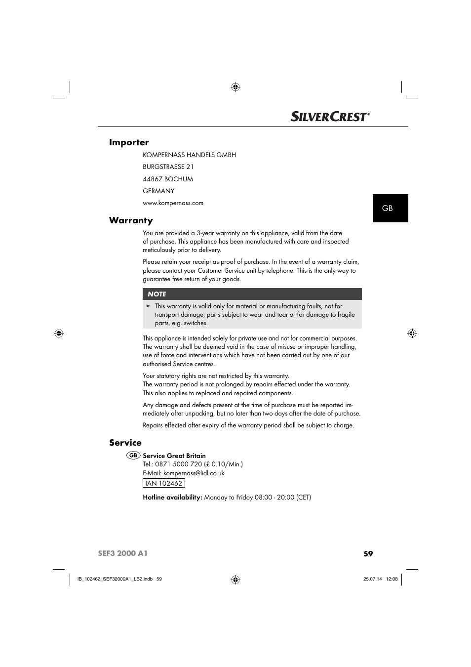 Importer, Warranty, Service | Silvercrest SEF3 2000 A1 User Manual | Page 62 / 63