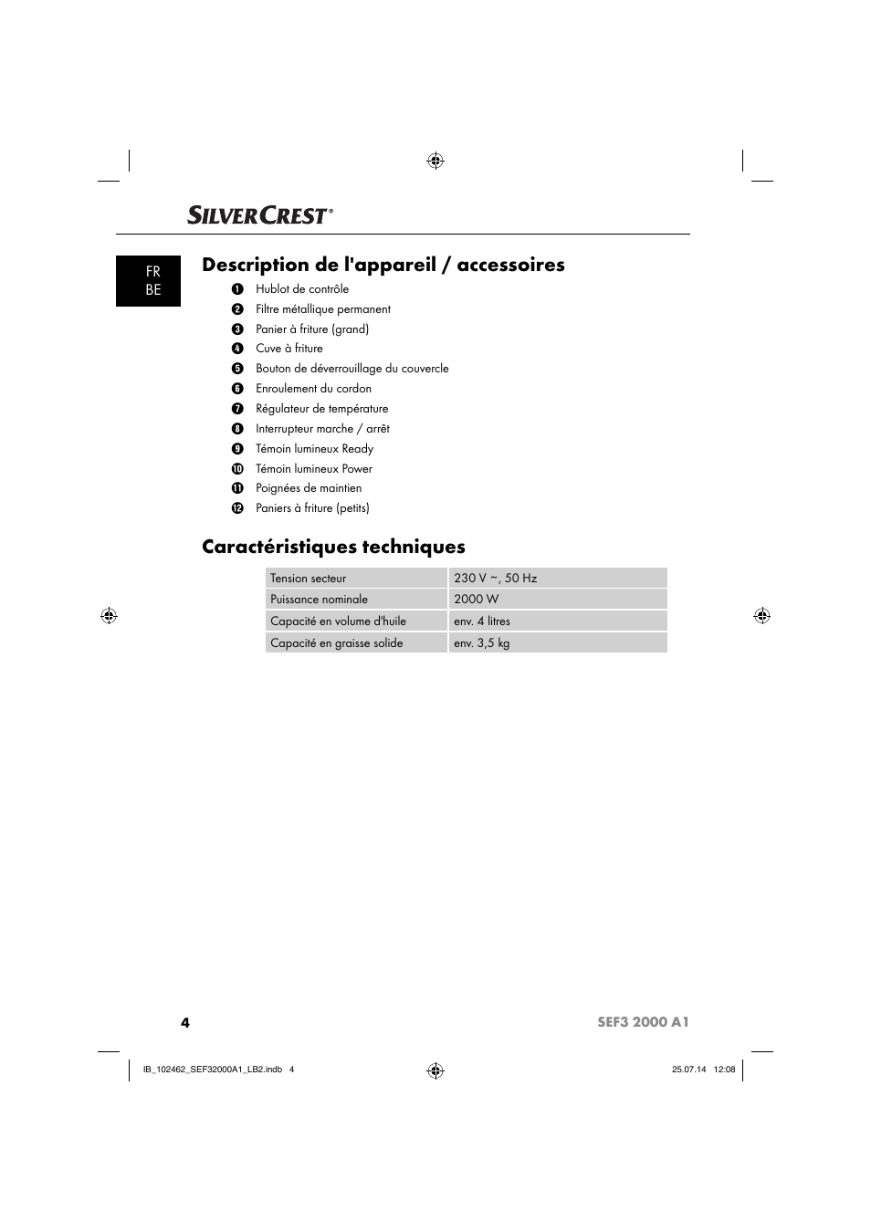Description de l'appareil / accessoires, Caractéristiques techniques, Fr be | Silvercrest SEF3 2000 A1 User Manual | Page 7 / 63