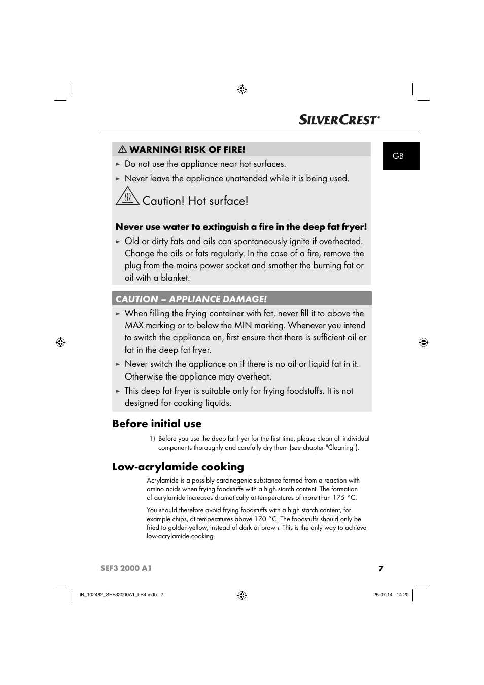 Caution! hot surface, Before initial use, Low-acrylamide cooking | Warning! risk of fire, Do not use the appliance near hot surfaces | Silvercrest SEF3 2000 A1 User Manual | Page 10 / 84