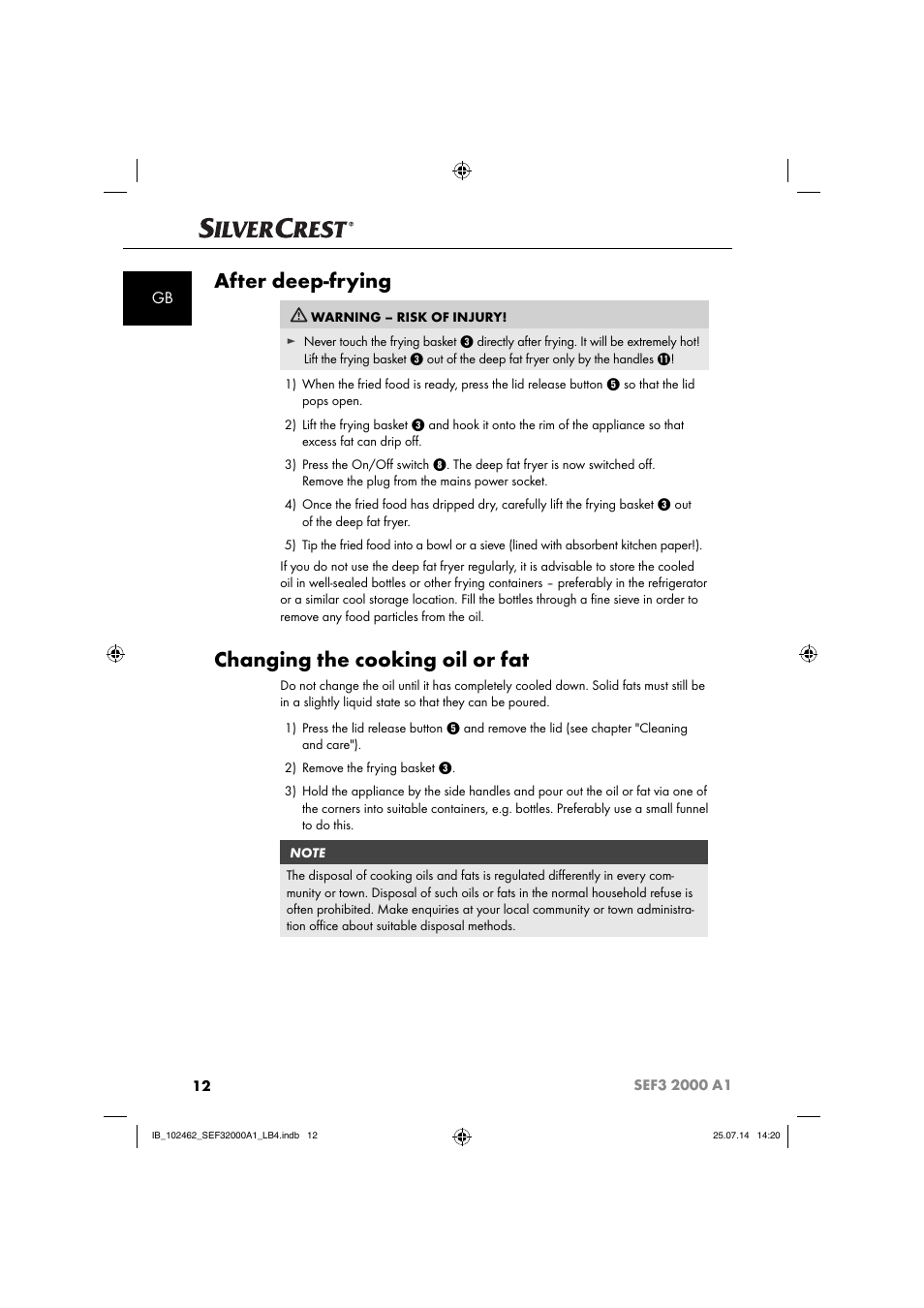 After deep-frying, Changing the cooking oil or fat | Silvercrest SEF3 2000 A1 User Manual | Page 15 / 84