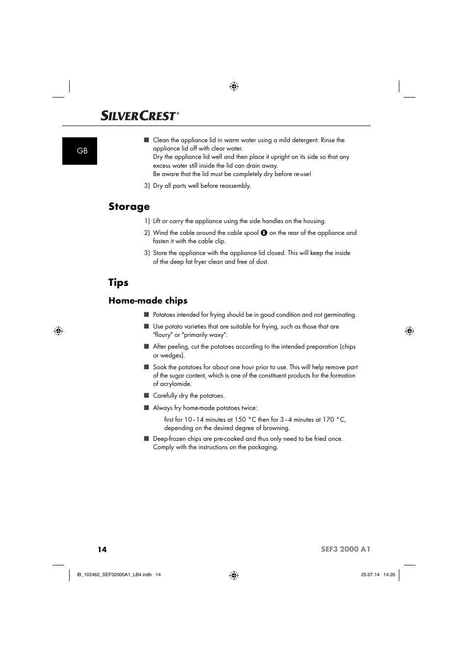 Storage, Tips, Home-made chips | Silvercrest SEF3 2000 A1 User Manual | Page 17 / 84