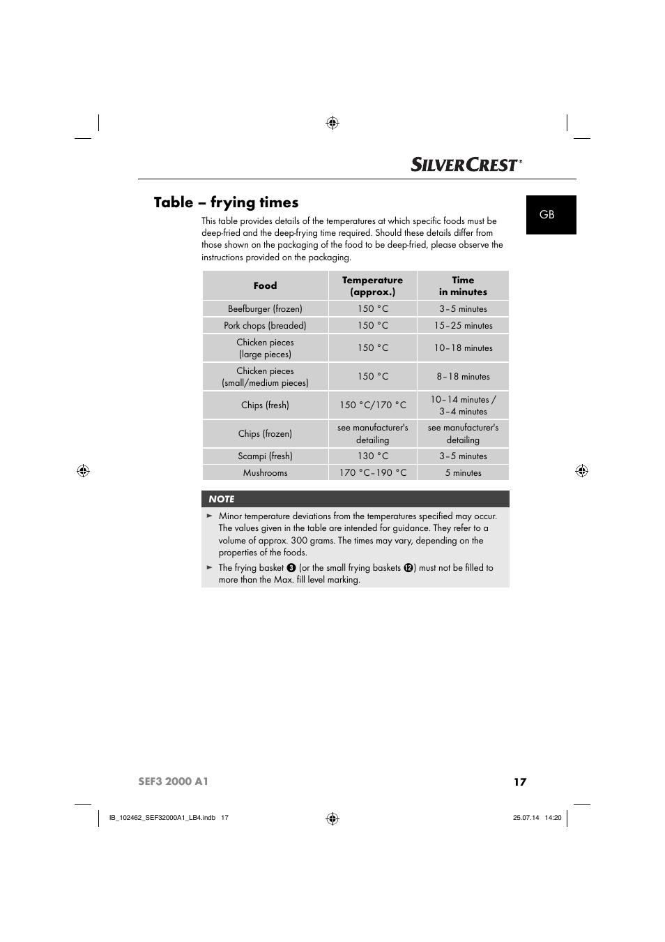 Table – frying times | Silvercrest SEF3 2000 A1 User Manual | Page 20 / 84