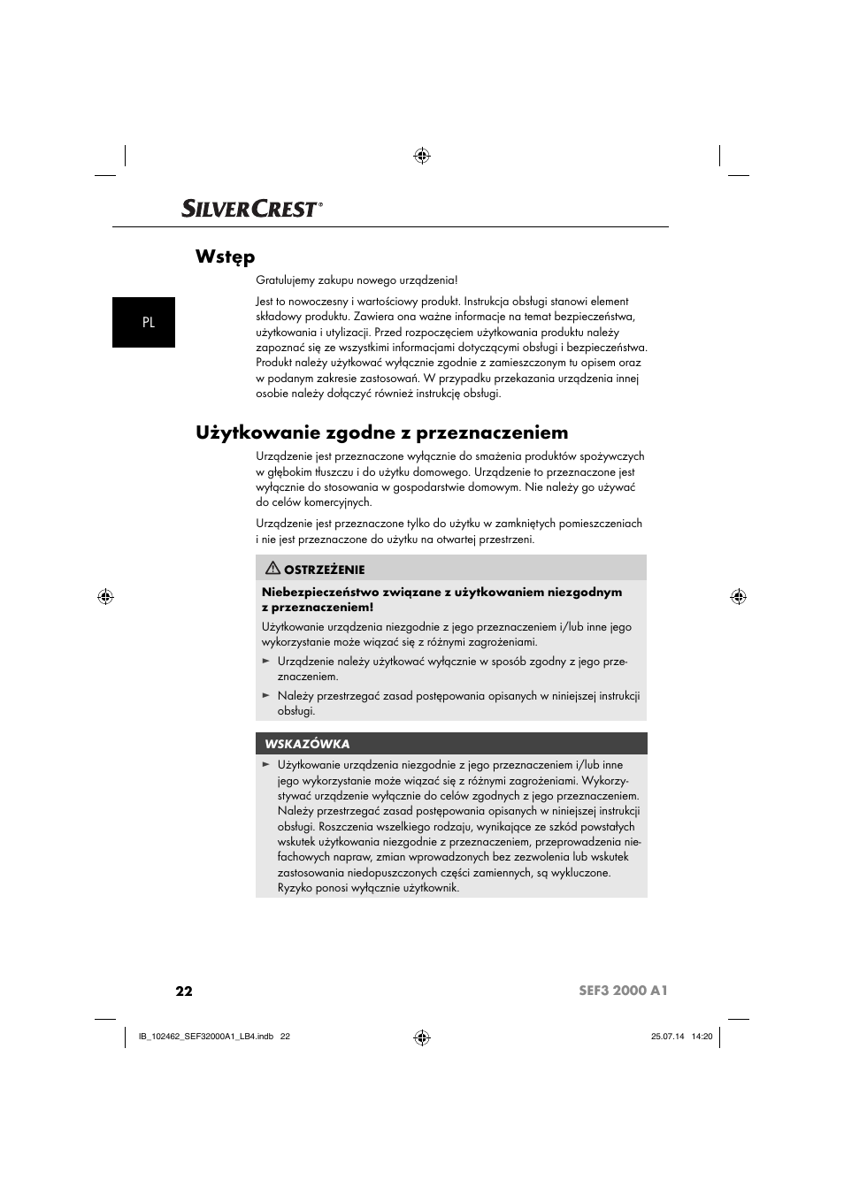 Wstęp, Użytkowanie zgodne z przeznaczeniem | Silvercrest SEF3 2000 A1 User Manual | Page 25 / 84