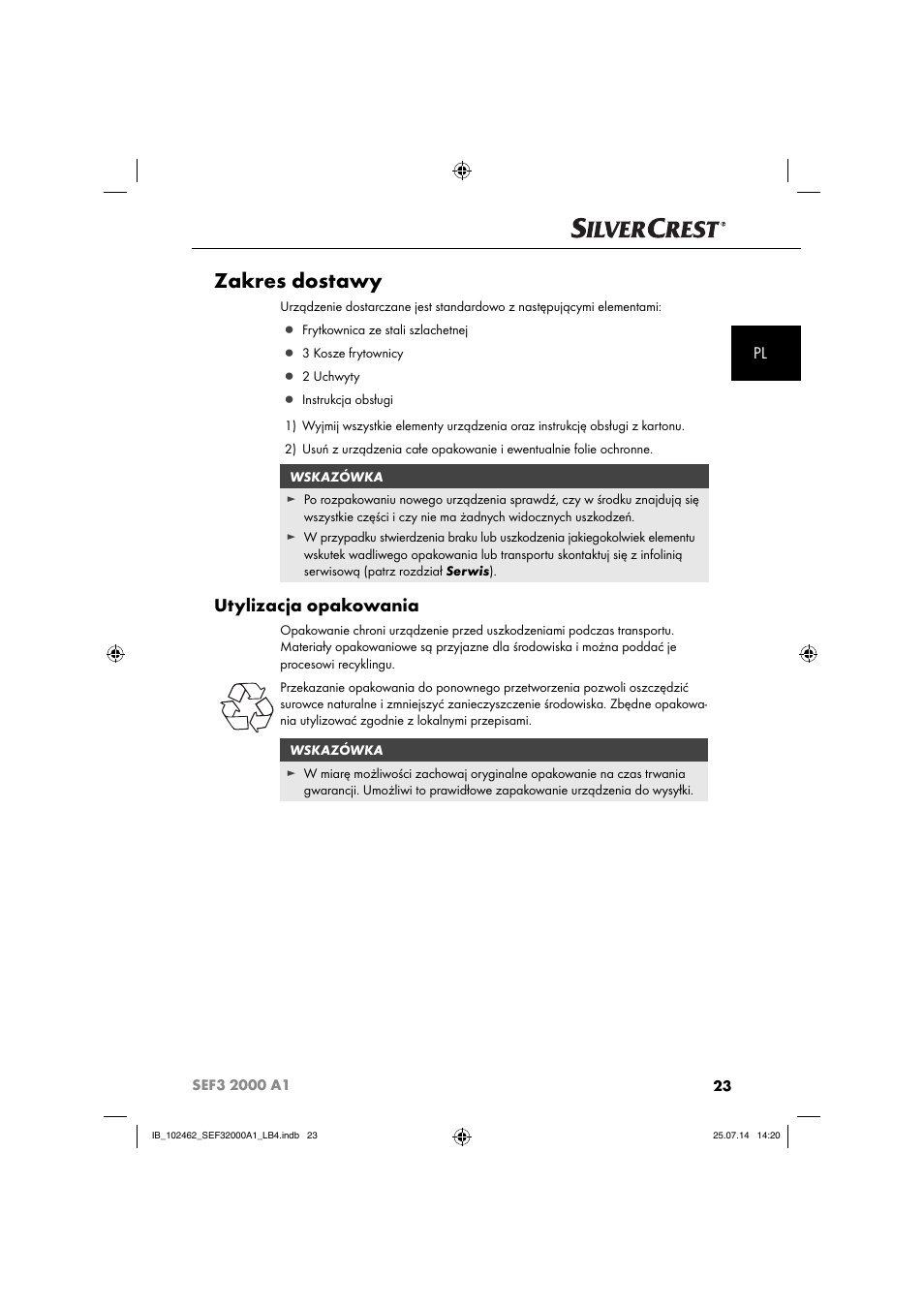 Zakres dostawy, Utylizacja opakowania | Silvercrest SEF3 2000 A1 User Manual | Page 26 / 84