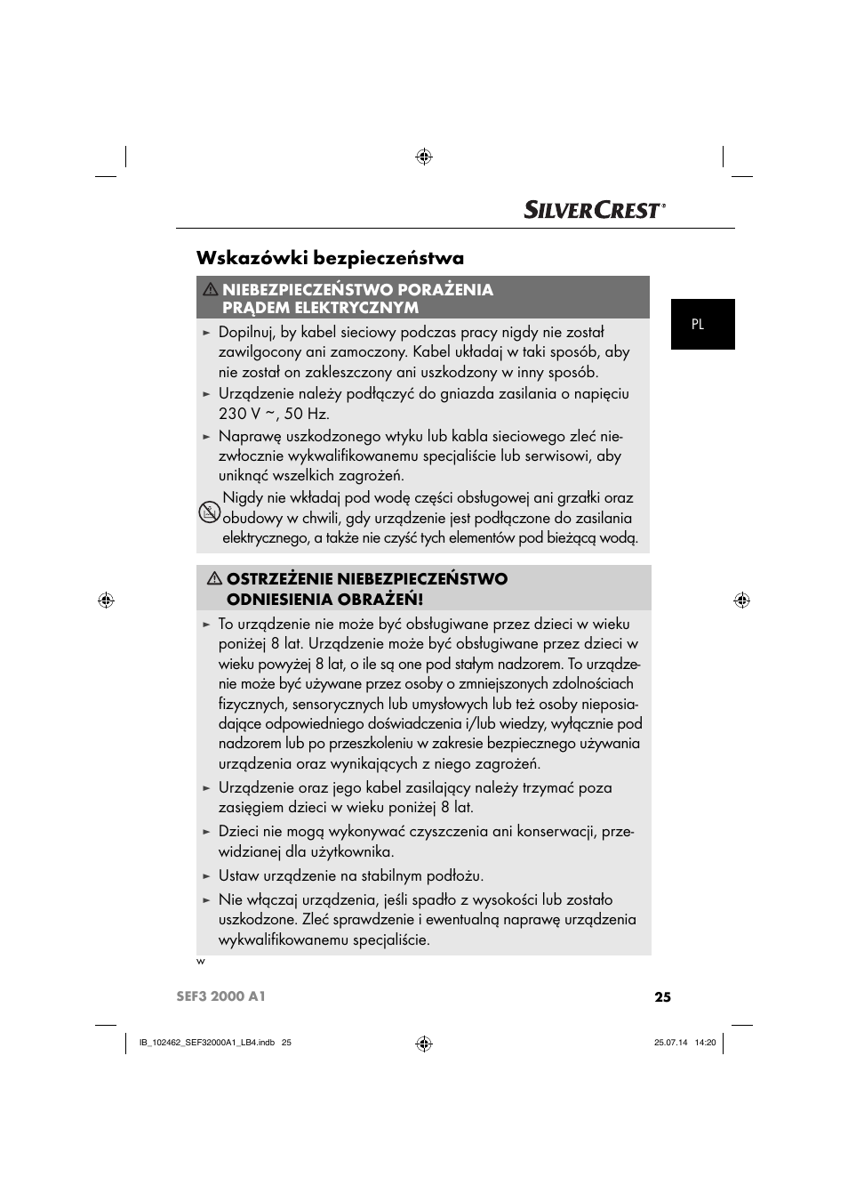 Wskazówki bezpieczeństwa, Niebezpieczeństwo porażenia prądem elektrycznym, Ustaw urządzenie na stabilnym podłożu | Silvercrest SEF3 2000 A1 User Manual | Page 28 / 84