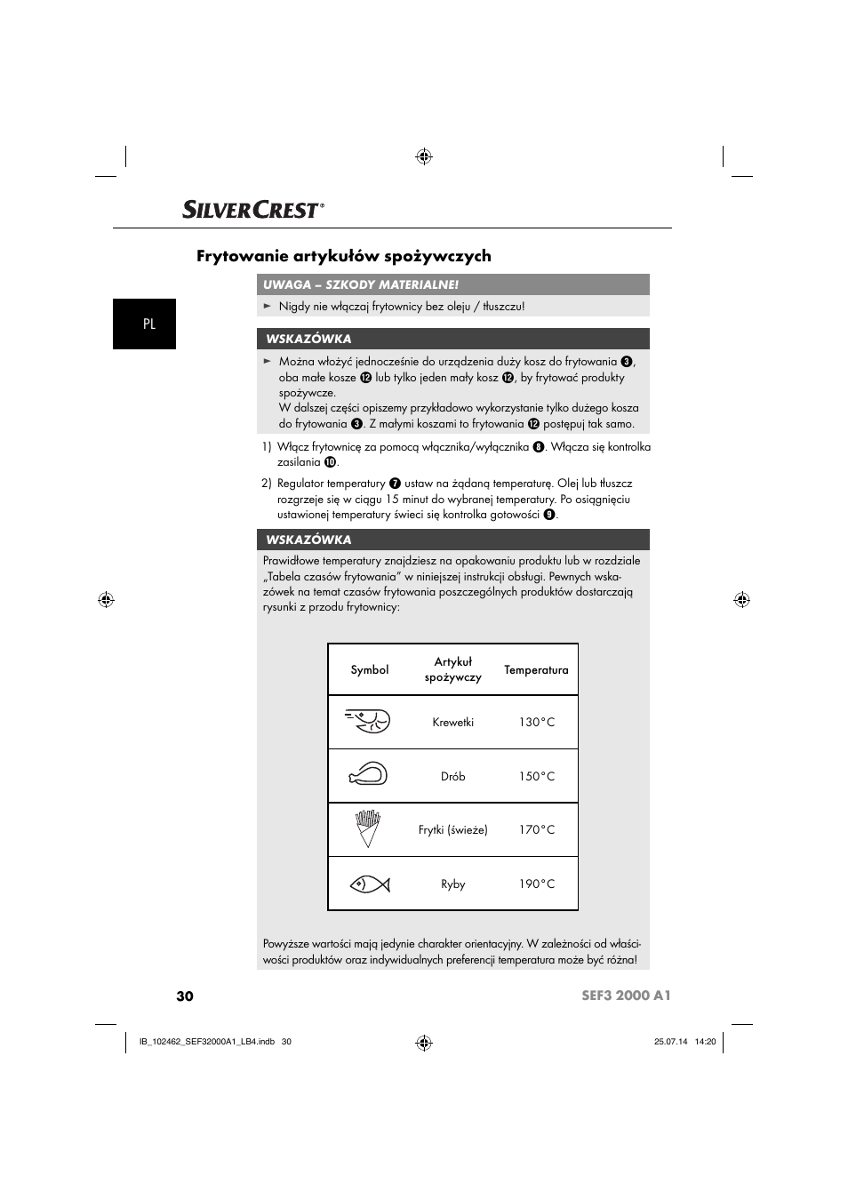 Frytowanie artykułów spożywczych | Silvercrest SEF3 2000 A1 User Manual | Page 33 / 84