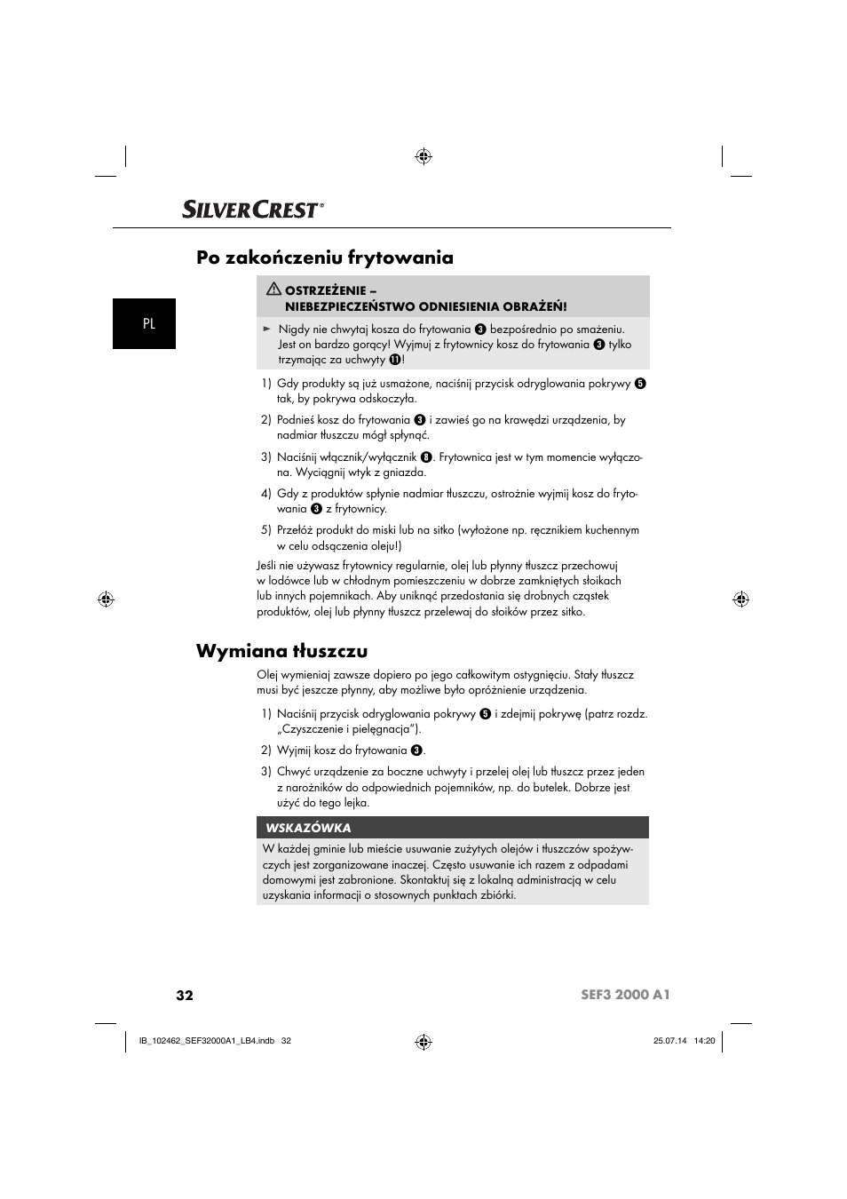 Po zakończeniu frytowania, Wymiana tłuszczu | Silvercrest SEF3 2000 A1 User Manual | Page 35 / 84