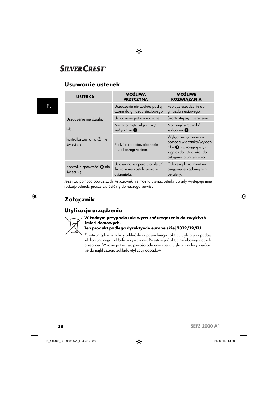 Usuwanie usterek, Załącznik, Utylizacja urządzenia | Silvercrest SEF3 2000 A1 User Manual | Page 41 / 84
