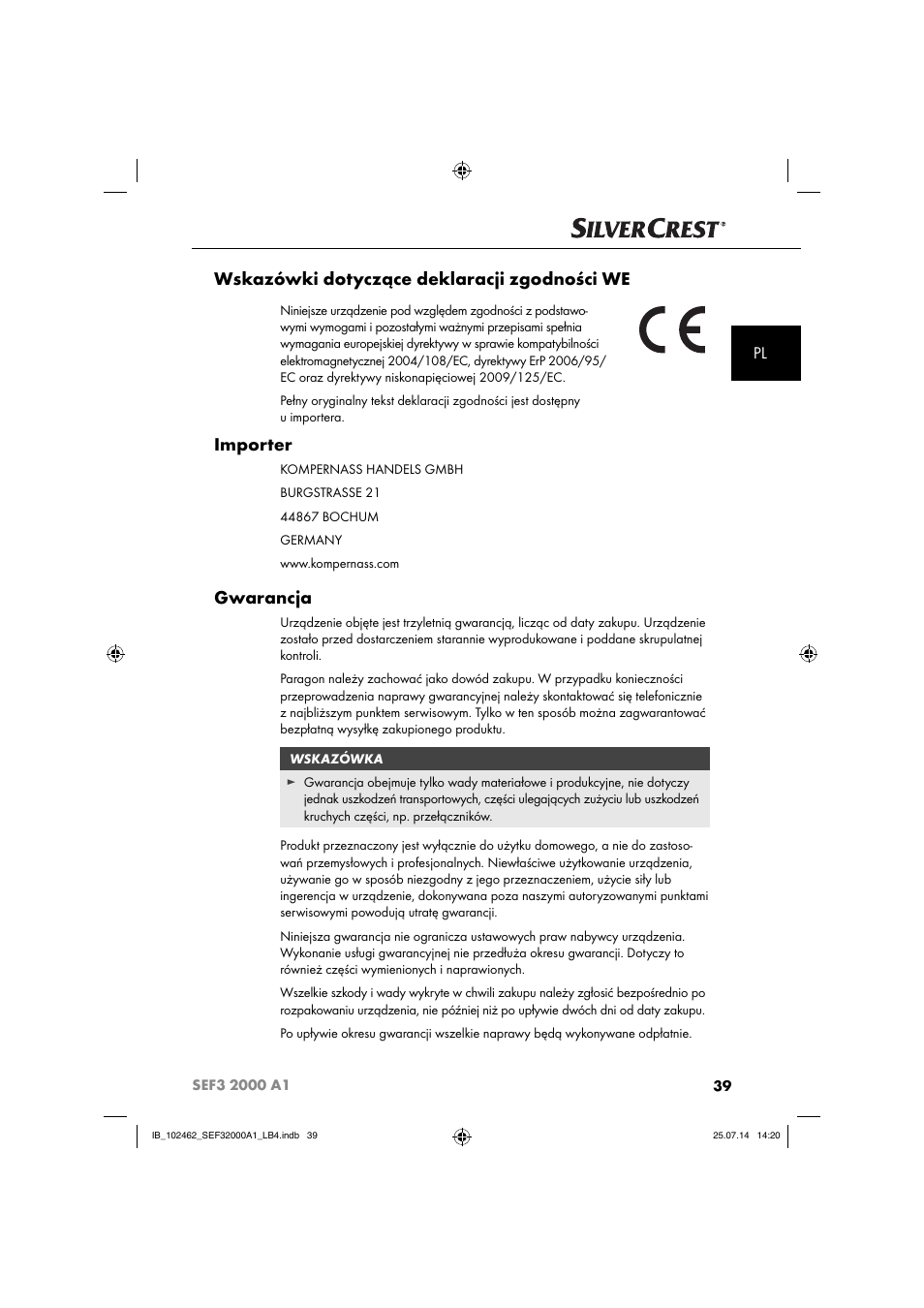 Wskazówki dotyczące deklaracji zgodności we, Importer, Gwarancja | Silvercrest SEF3 2000 A1 User Manual | Page 42 / 84