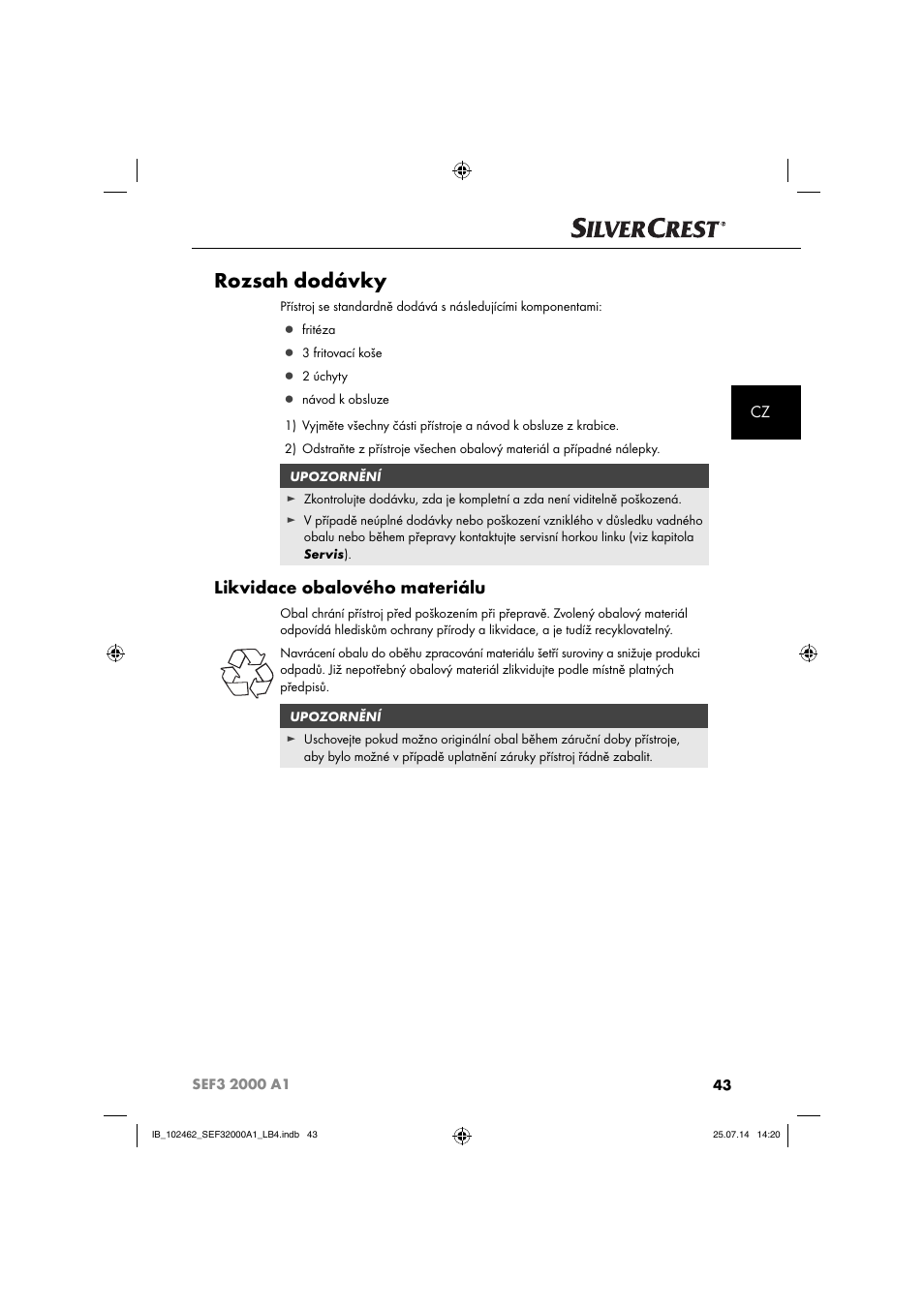 Rozsah dodávky, Likvidace obalového materiálu | Silvercrest SEF3 2000 A1 User Manual | Page 46 / 84