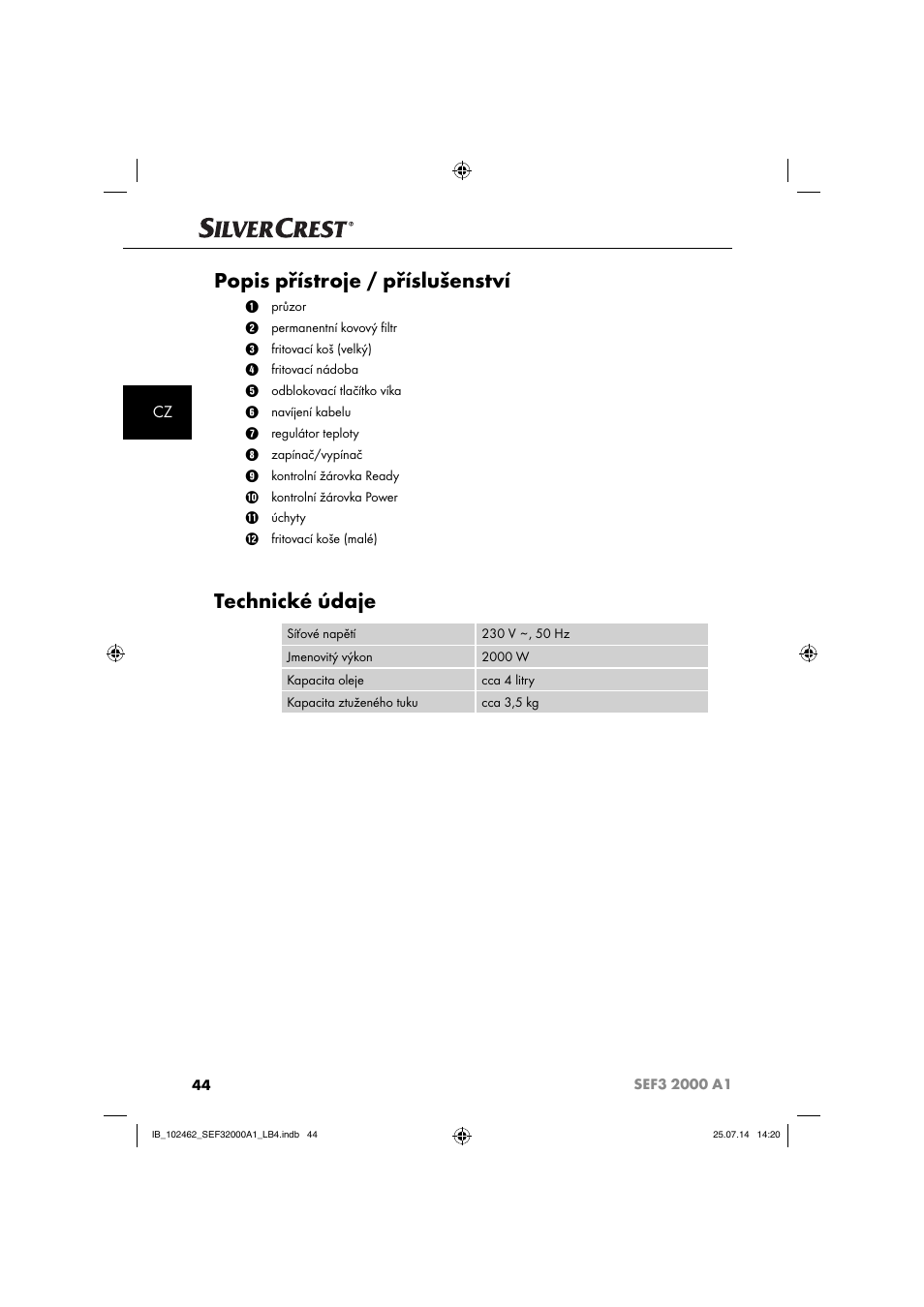 Popis přístroje / příslušenství, Technické údaje | Silvercrest SEF3 2000 A1 User Manual | Page 47 / 84