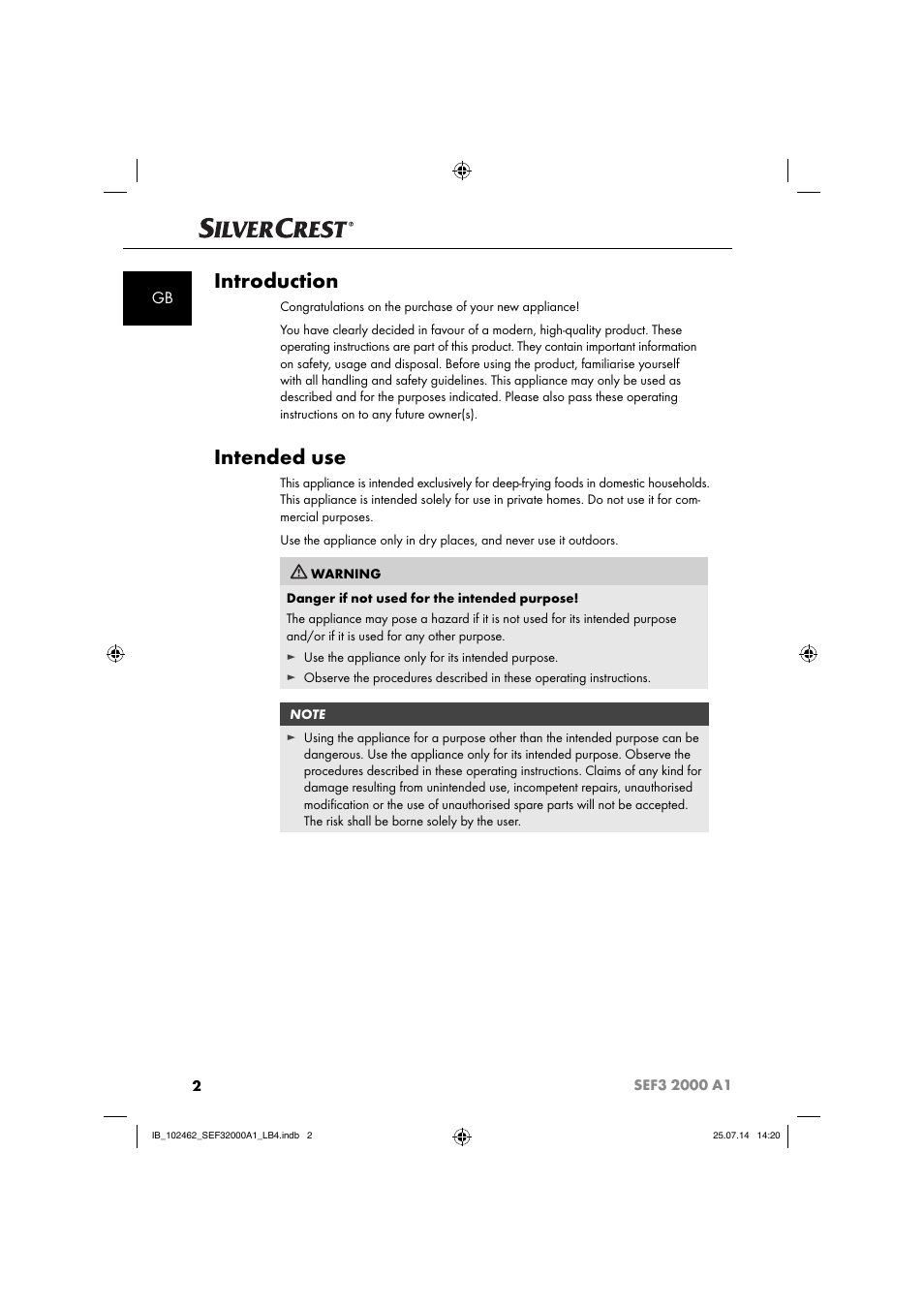 Introduction, Intended use | Silvercrest SEF3 2000 A1 User Manual | Page 5 / 84