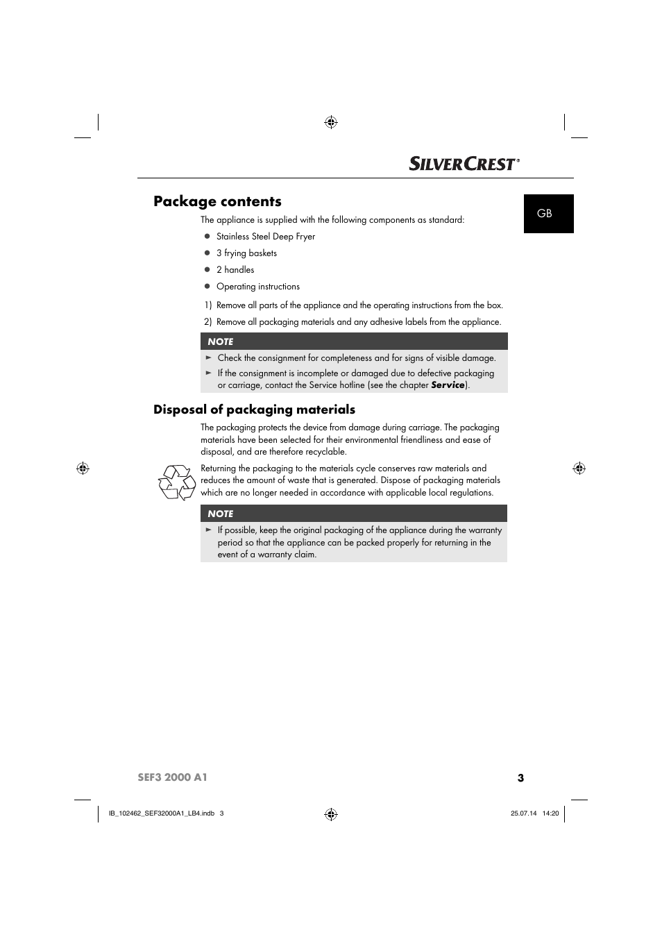 Package contents, Disposal of packaging materials | Silvercrest SEF3 2000 A1 User Manual | Page 6 / 84