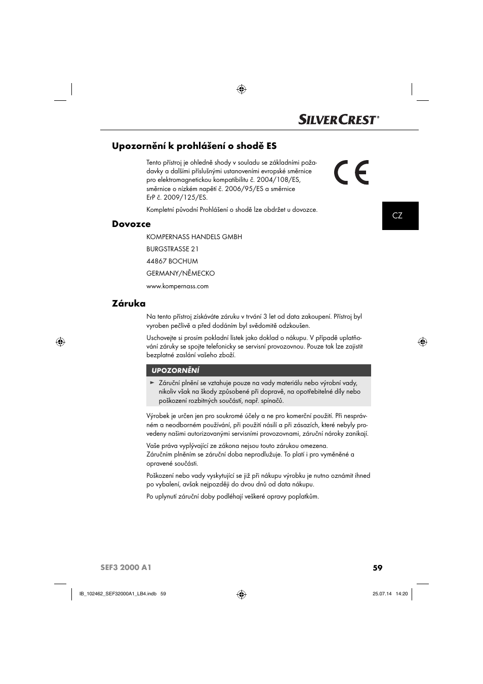 Upozornění k prohlášení o shodě es, Dovozce, Záruka | Silvercrest SEF3 2000 A1 User Manual | Page 62 / 84