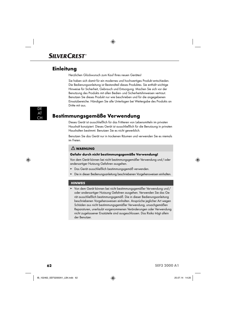 Einleitung, Bestimmungsgemäße verwendung, De at ch | Silvercrest SEF3 2000 A1 User Manual | Page 65 / 84