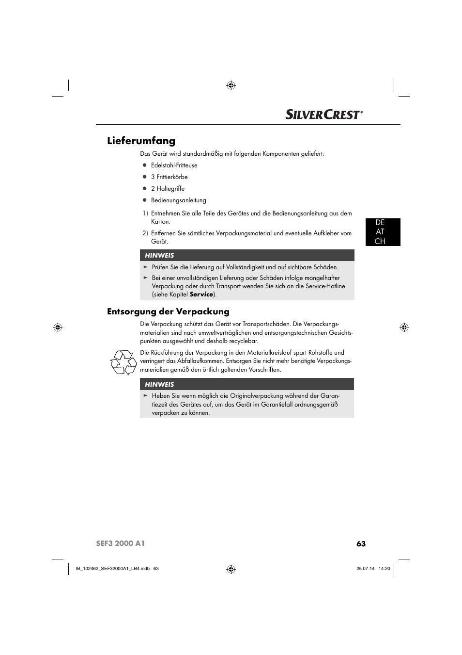 Lieferumfang, Entsorgung der verpackung, De at ch | Silvercrest SEF3 2000 A1 User Manual | Page 66 / 84