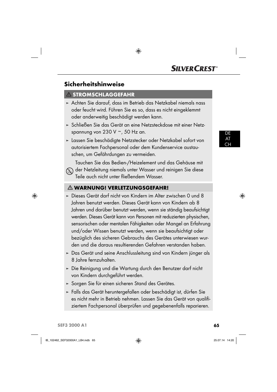 Sicherheitshinweise, Stromschlaggefahr, Sorgen sie für einen sicheren stand des gerätes | Silvercrest SEF3 2000 A1 User Manual | Page 68 / 84