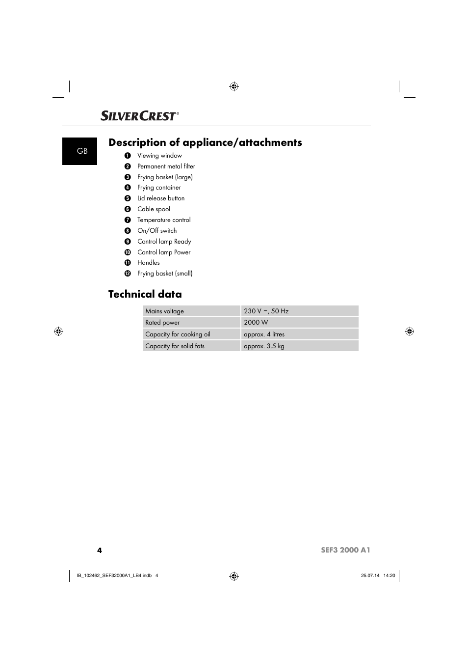 Description of appliance/attachments, Technical data | Silvercrest SEF3 2000 A1 User Manual | Page 7 / 84