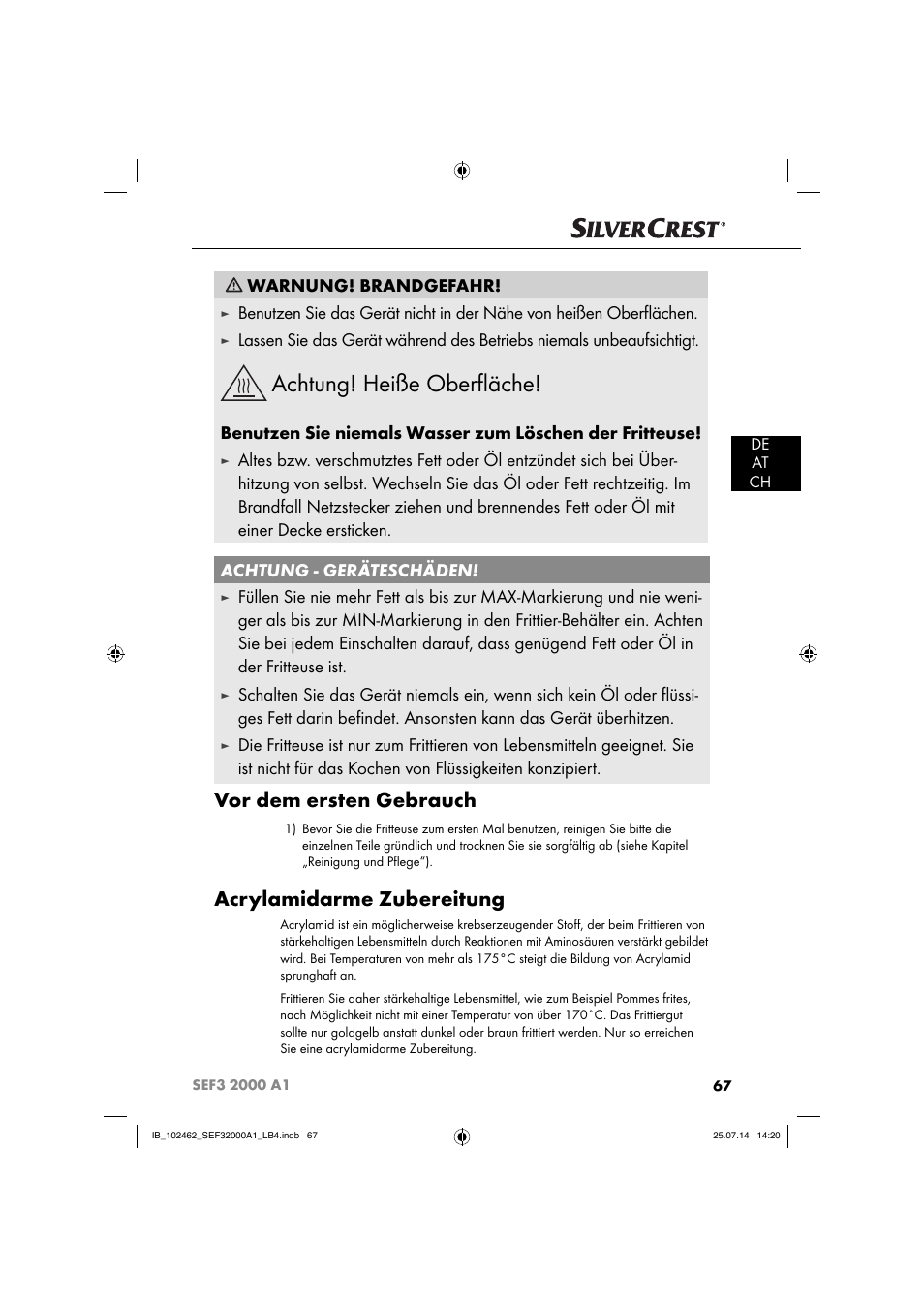 Achtung! heiße oberﬂ äche, Vor dem ersten gebrauch, Acrylamidarme zubereitung | Warnung! brandgefahr | Silvercrest SEF3 2000 A1 User Manual | Page 70 / 84