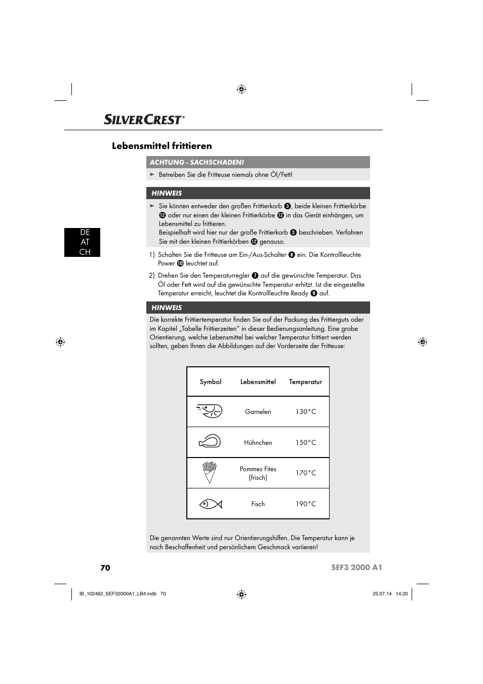 Lebensmittel frittieren, De at ch | Silvercrest SEF3 2000 A1 User Manual | Page 73 / 84