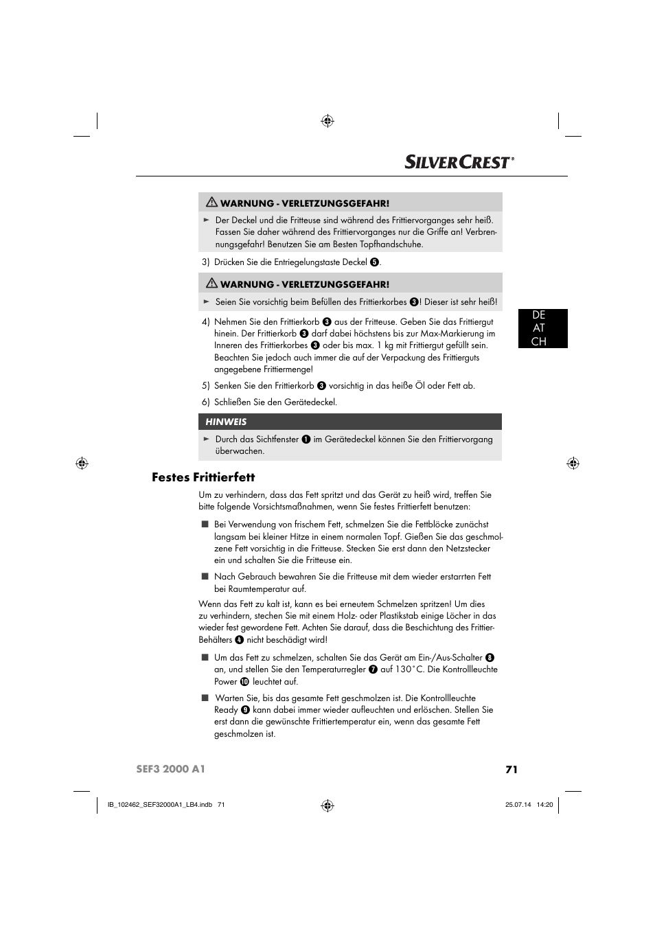 Festes frittierfett, De at ch | Silvercrest SEF3 2000 A1 User Manual | Page 74 / 84