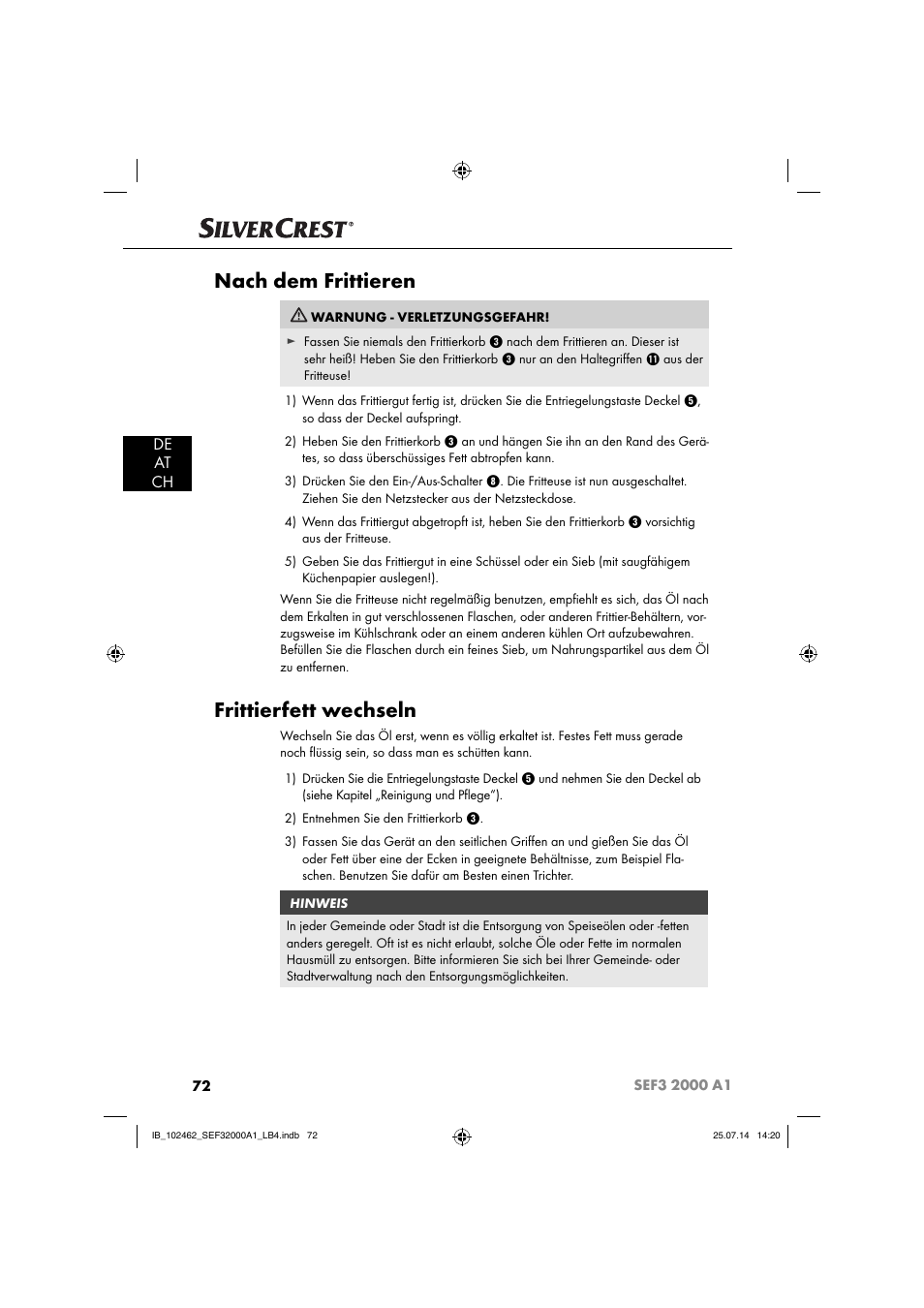 Nach dem frittieren, Frittierfett wechseln, De at ch | Silvercrest SEF3 2000 A1 User Manual | Page 75 / 84