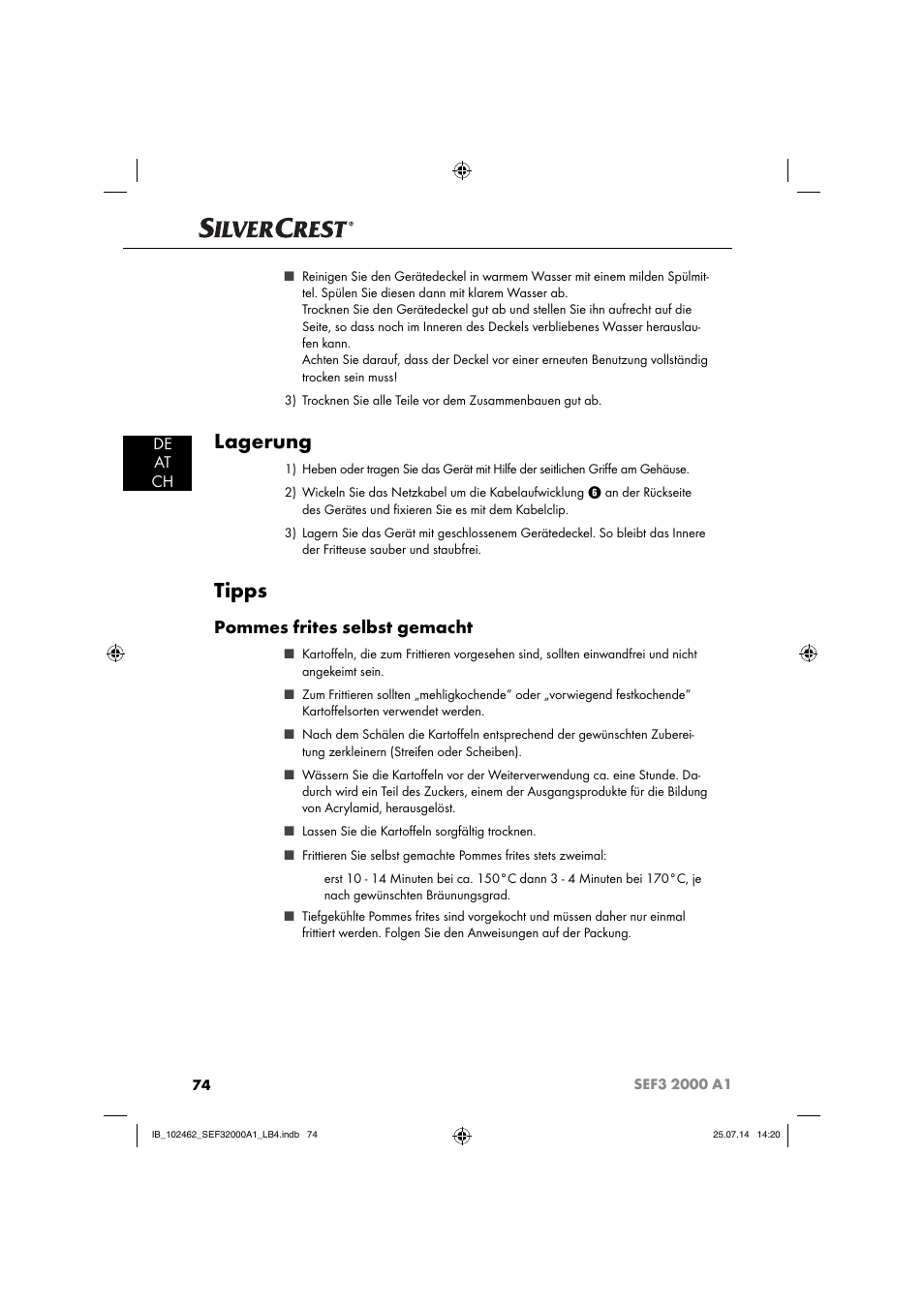 Lagerung, Tipps, Pommes frites selbst gemacht | De at ch | Silvercrest SEF3 2000 A1 User Manual | Page 77 / 84