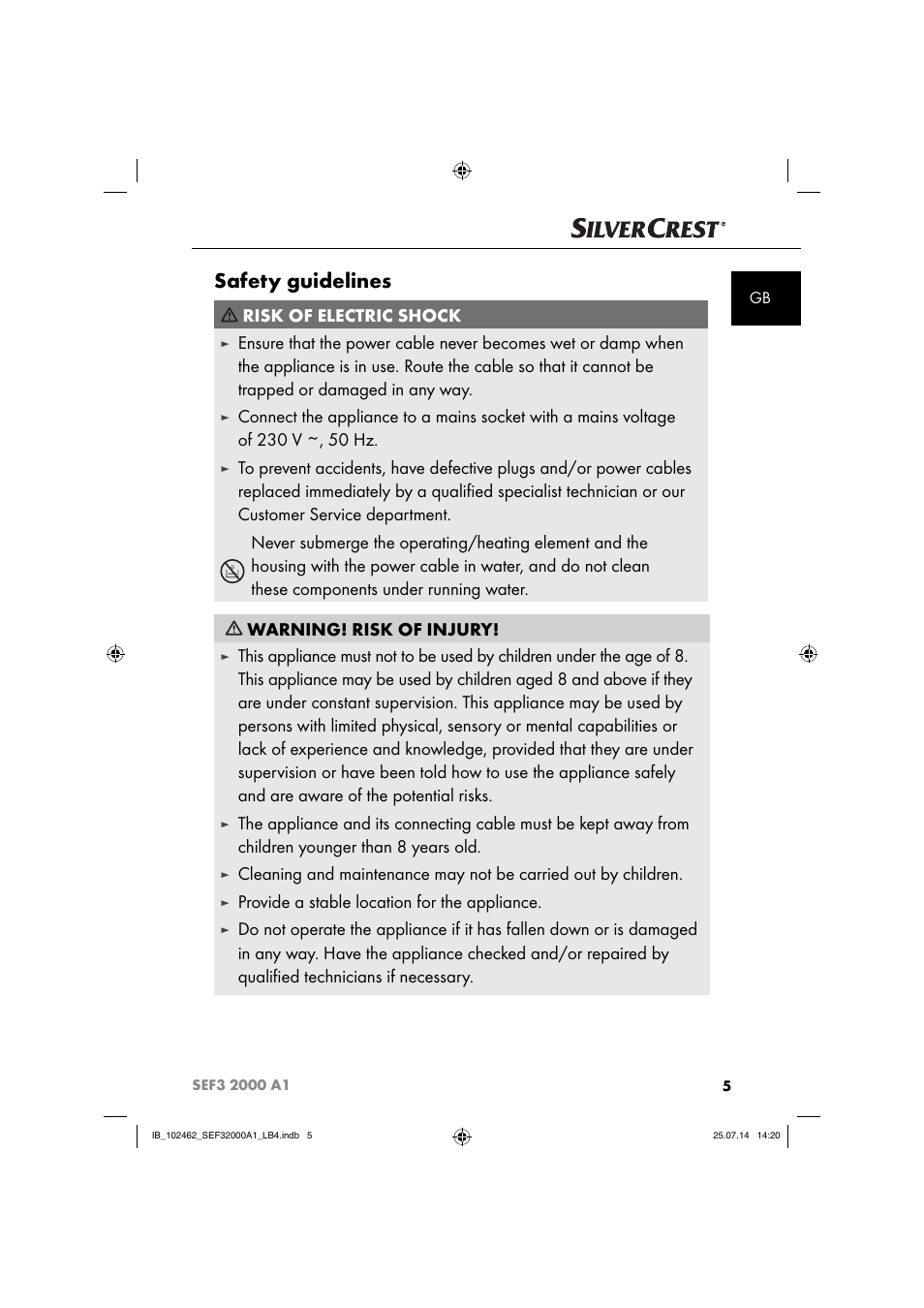 Safety guidelines, Risk of electric shock, Provide a stable location for the appliance | Silvercrest SEF3 2000 A1 User Manual | Page 8 / 84