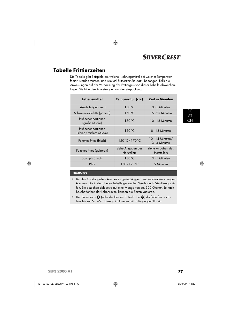 Tabelle frittierzeiten, De at ch | Silvercrest SEF3 2000 A1 User Manual | Page 80 / 84