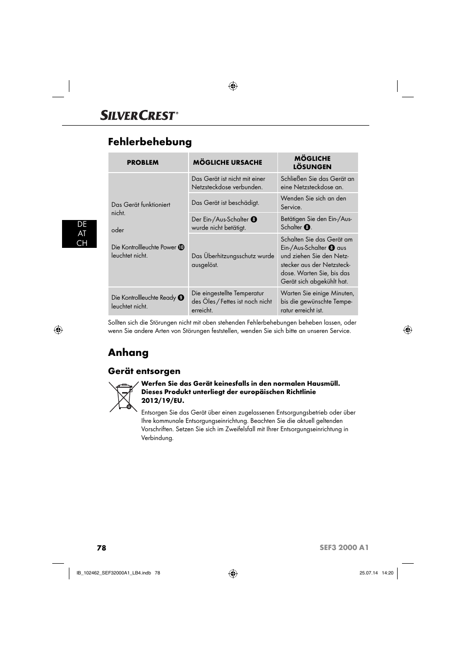 Fehlerbehebung, Anhang, Gerät entsorgen | De at ch | Silvercrest SEF3 2000 A1 User Manual | Page 81 / 84