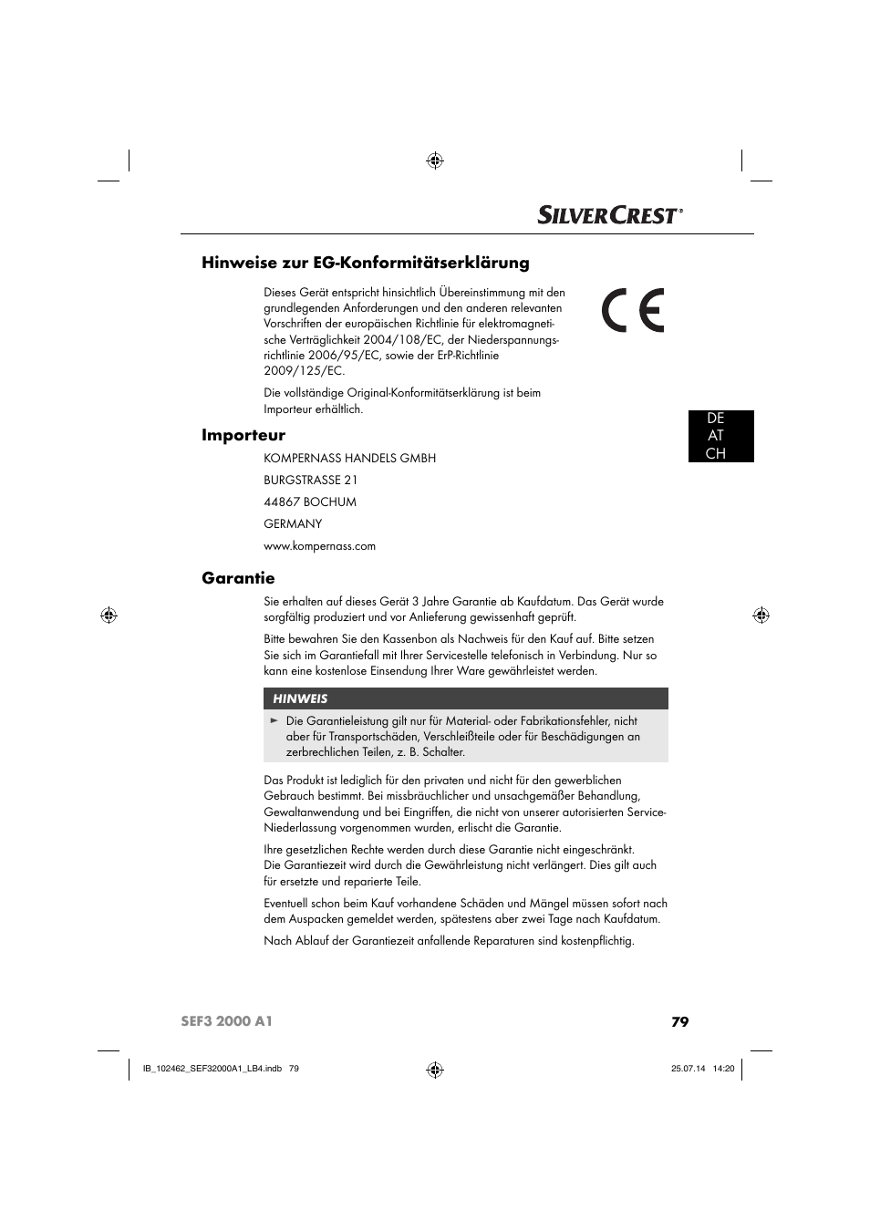 Hinweise zur eg-konformitätserklärung, Importeur, Garantie | De at ch | Silvercrest SEF3 2000 A1 User Manual | Page 82 / 84