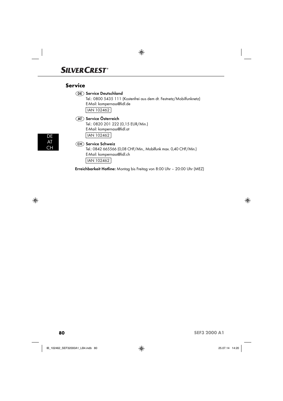 Service, De at ch | Silvercrest SEF3 2000 A1 User Manual | Page 83 / 84