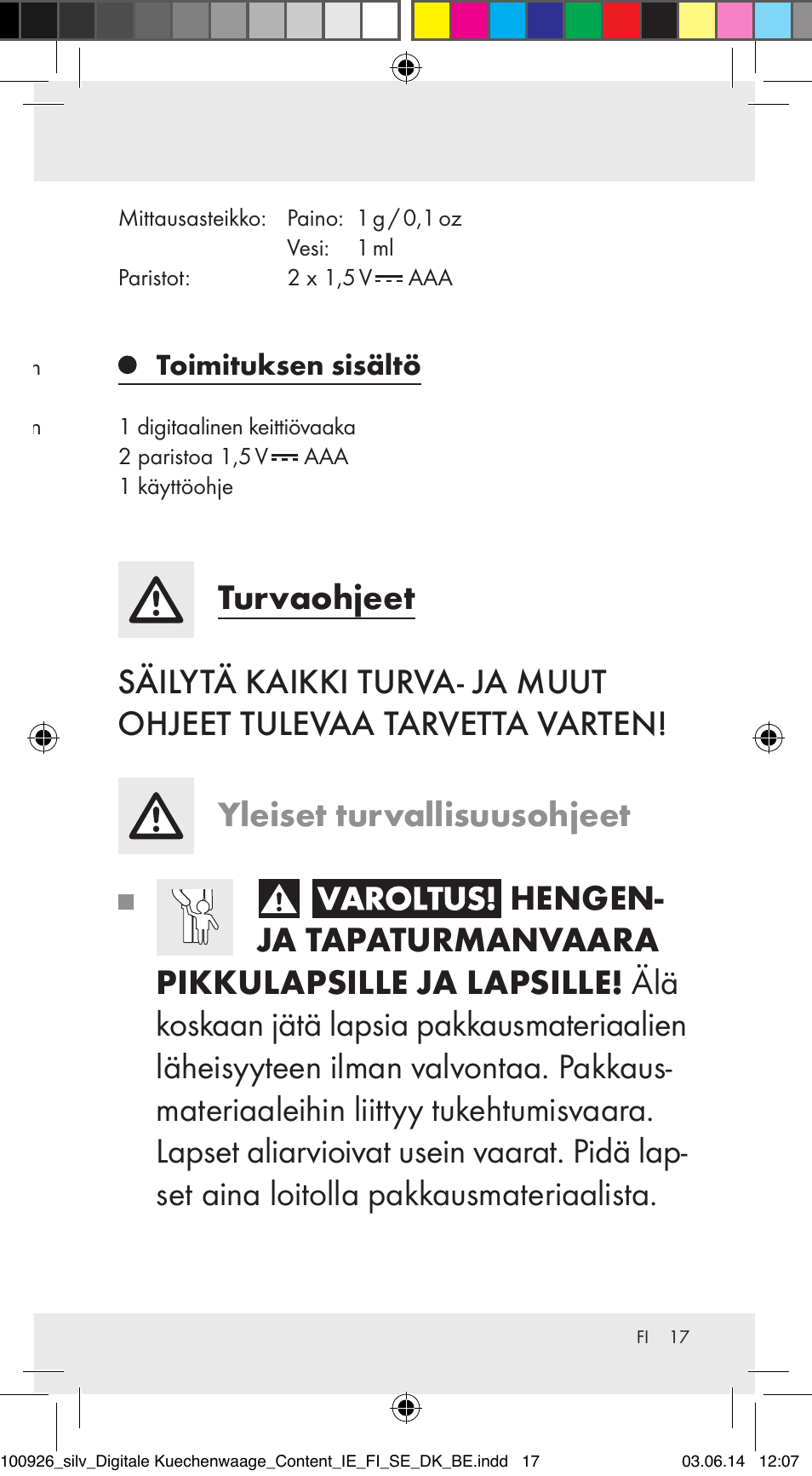 Keittiövaaka, Käyttötarkoitus, Osien kuvaus | Tekniset tiedot, Toimituksen sisältö | Silvercrest 100926-14-01/100926-14-03/Z31622B User Manual | Page 17 / 84
