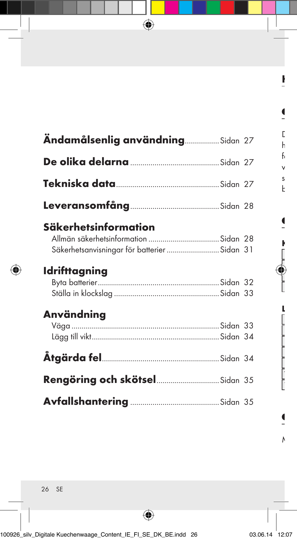 Ändamålsenlig användning, De olika delarna, Tekniska data | Leveransomfång, Säkerhetsinformation, Idrifttagning, Användning, Åtgärda fel, Rengöring och skötsel, Avfallshantering | Silvercrest 100926-14-01/100926-14-03/Z31622B User Manual | Page 26 / 84