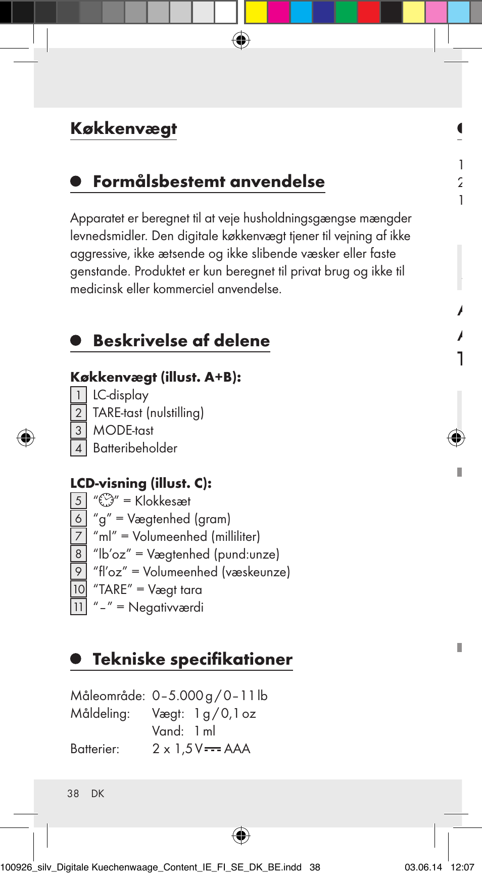 Køkkenvægt, Formålsbestemt anvendelse, Beskrivelse af delene | Tekniske specifikationer, Leverancens omfang | Silvercrest 100926-14-01/100926-14-03/Z31622B User Manual | Page 38 / 84