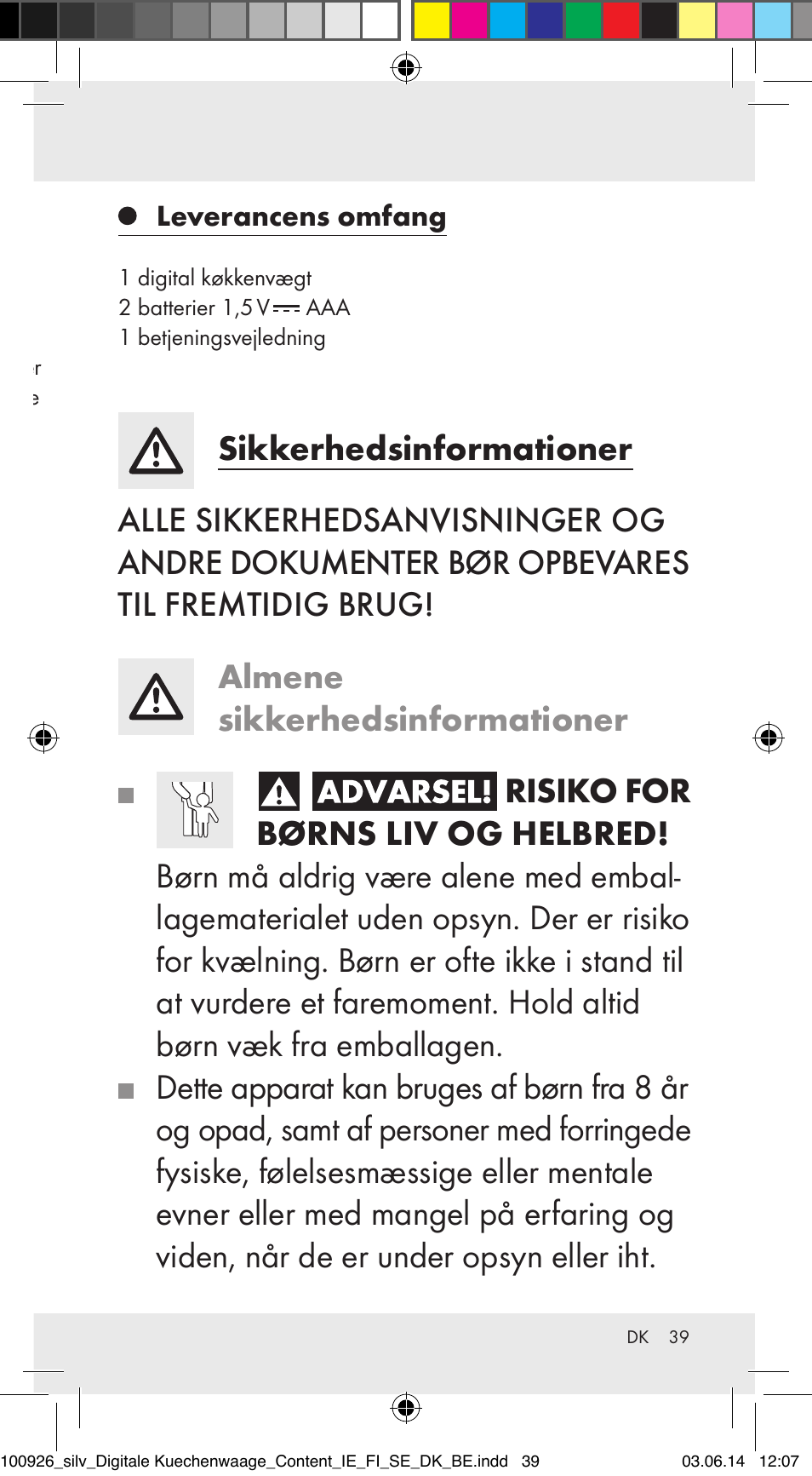 Køkkenvægt, Formålsbestemt anvendelse, Beskrivelse af delene | Tekniske specifikationer, Leverancens omfang | Silvercrest 100926-14-01/100926-14-03/Z31622B User Manual | Page 39 / 84