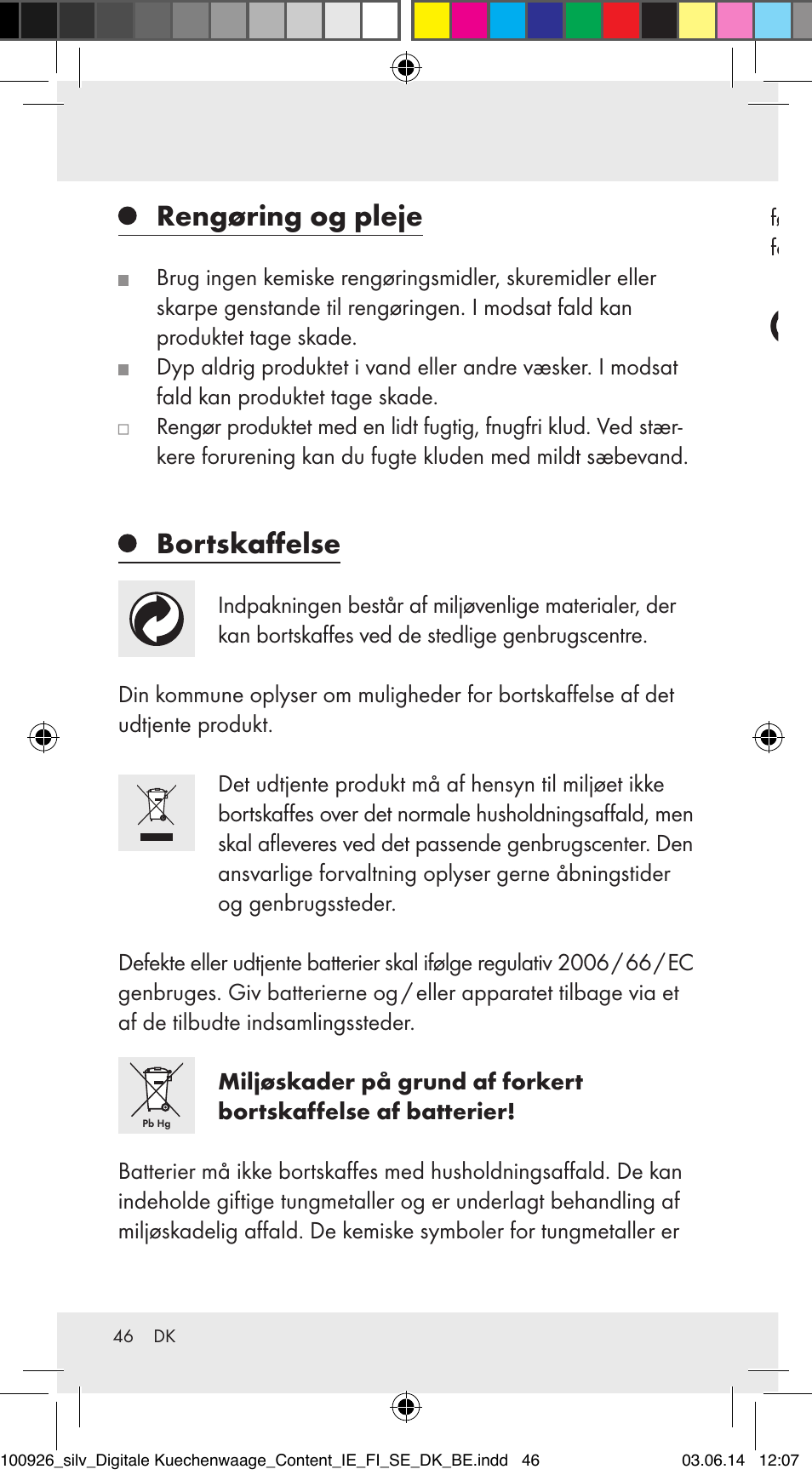 Rengøring og pleje, Bortskaffelse | Silvercrest 100926-14-01/100926-14-03/Z31622B User Manual | Page 46 / 84