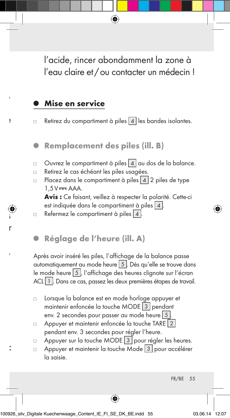 Mise en service, Remplacement des piles (ill. b), Réglage de l’heure (ill. a) | Silvercrest 100926-14-01/100926-14-03/Z31622B User Manual | Page 55 / 84
