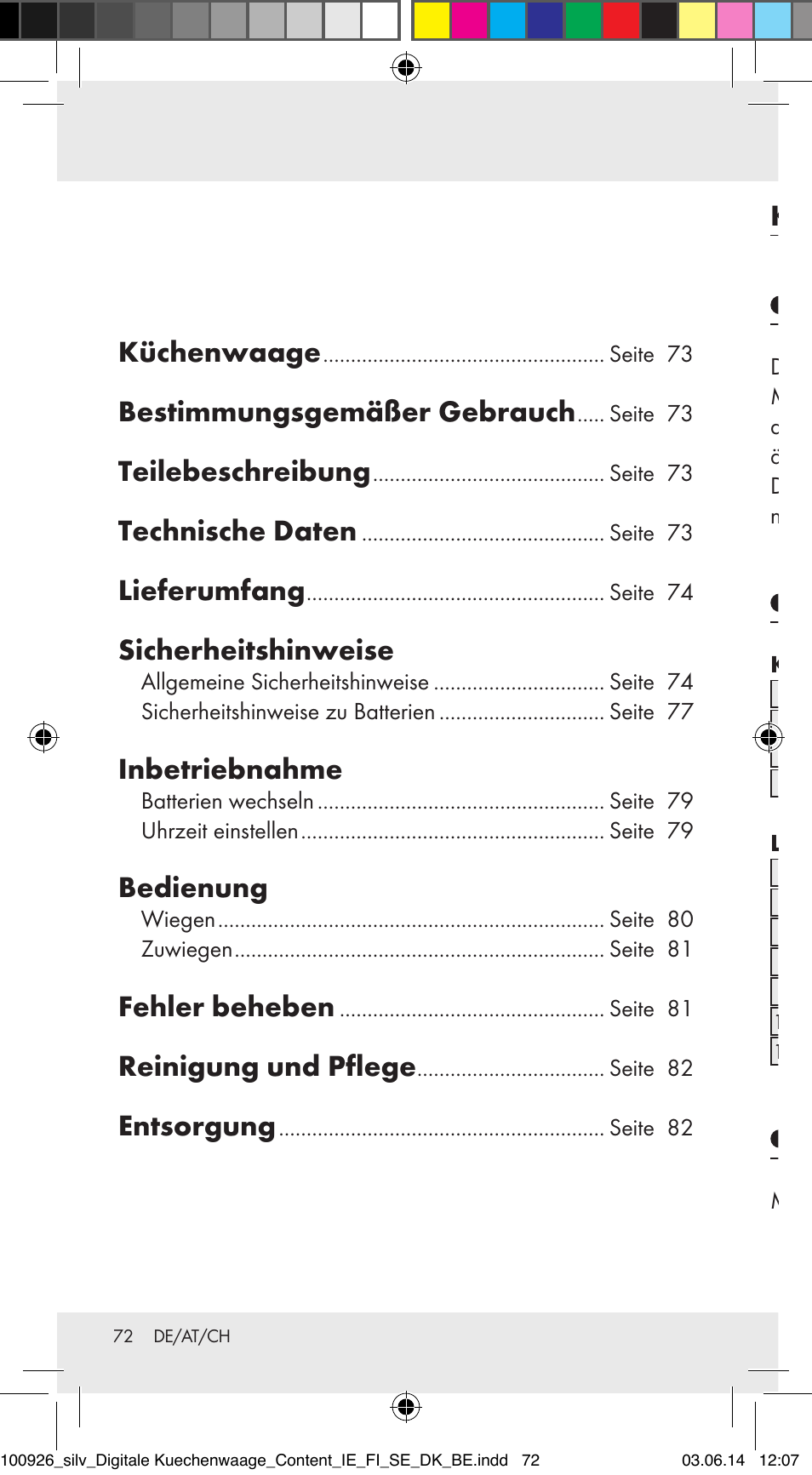 Küchenwaage, Bestimmungsgemäßer gebrauch, Teilebeschreibung | Technische daten, Lieferumfang, Sicherheitshinweise, Inbetriebnahme, Bedienung, Fehler beheben, Reinigung und pflege | Silvercrest 100926-14-01/100926-14-03/Z31622B User Manual | Page 72 / 84