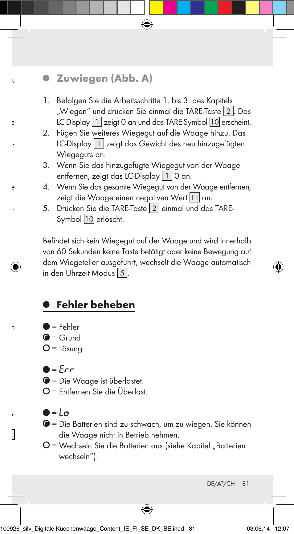 Bedienung wiegen (abb. a), Zuwiegen (abb. a), Fehler beheben | Silvercrest 100926-14-01/100926-14-03/Z31622B User Manual | Page 81 / 84