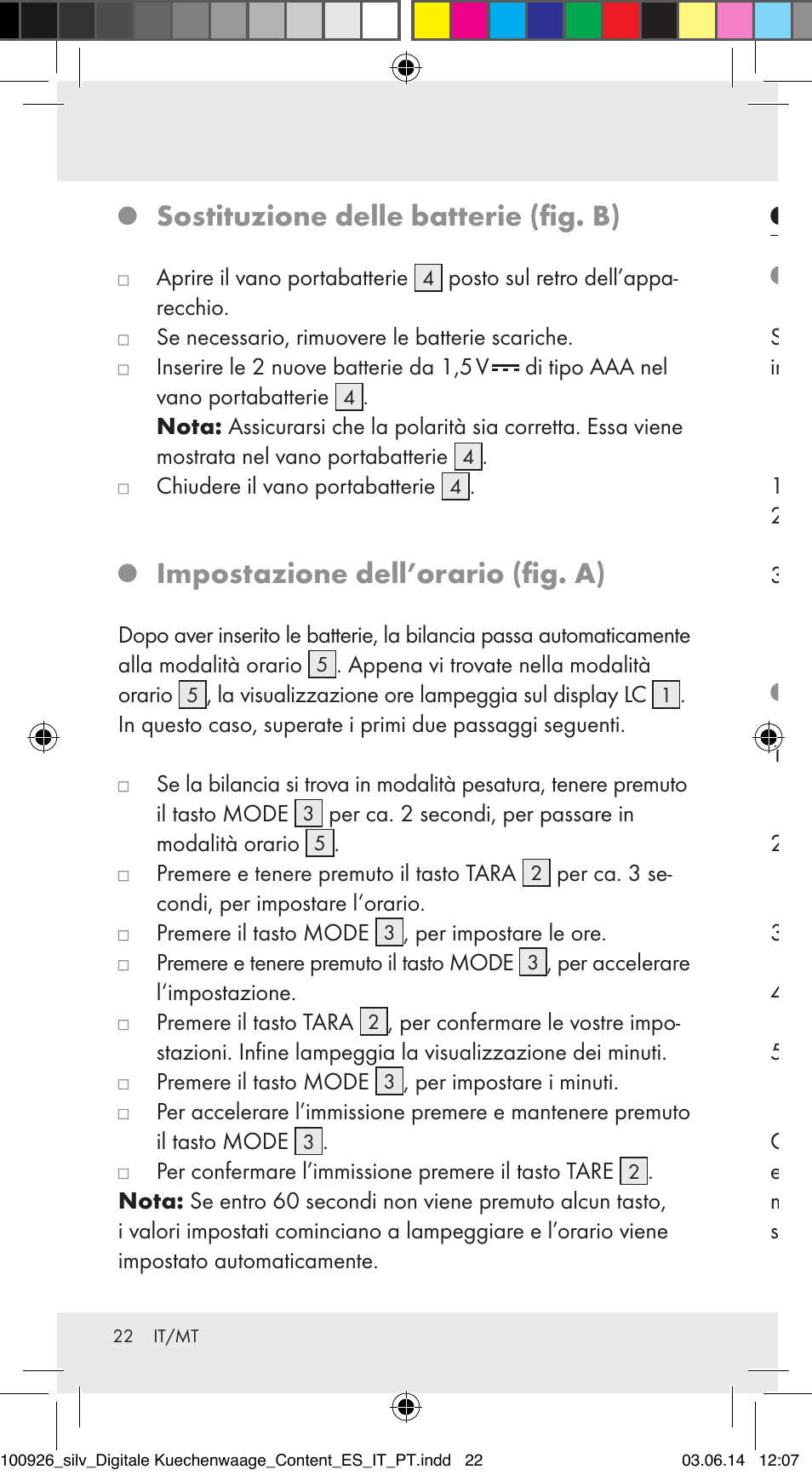 Sostituzione delle batterie (fig. b), Impostazione dell’orario (fig. a), Funzionamento | Pesatura (fig. a), Misurazione della tara (fig. a) | Silvercrest 100926-14-01/100926-14-03/Z31622B User Manual | Page 22 / 60