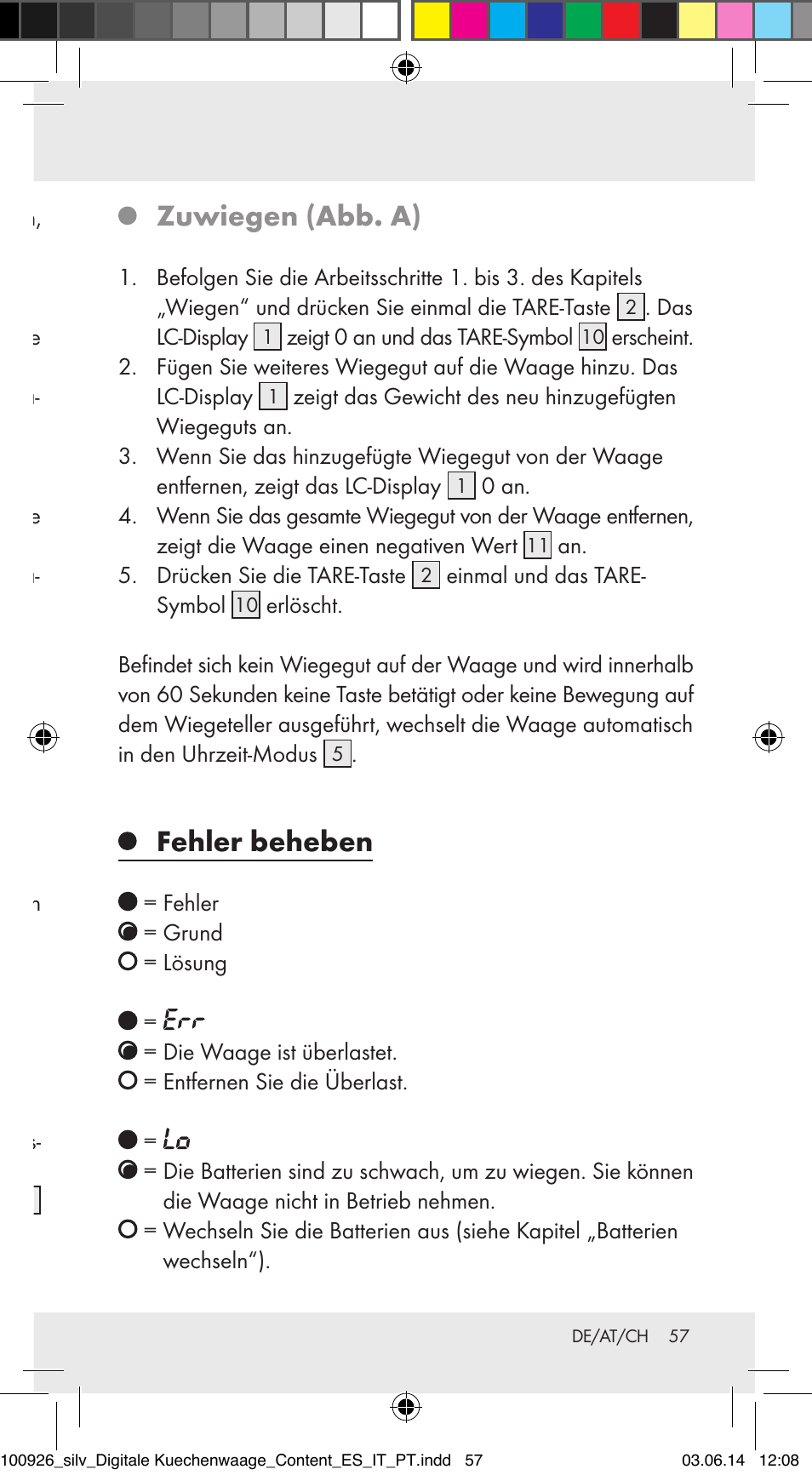 Bedienung wiegen (abb. a), Zuwiegen (abb. a), Fehler beheben | Silvercrest 100926-14-01/100926-14-03/Z31622B User Manual | Page 57 / 60