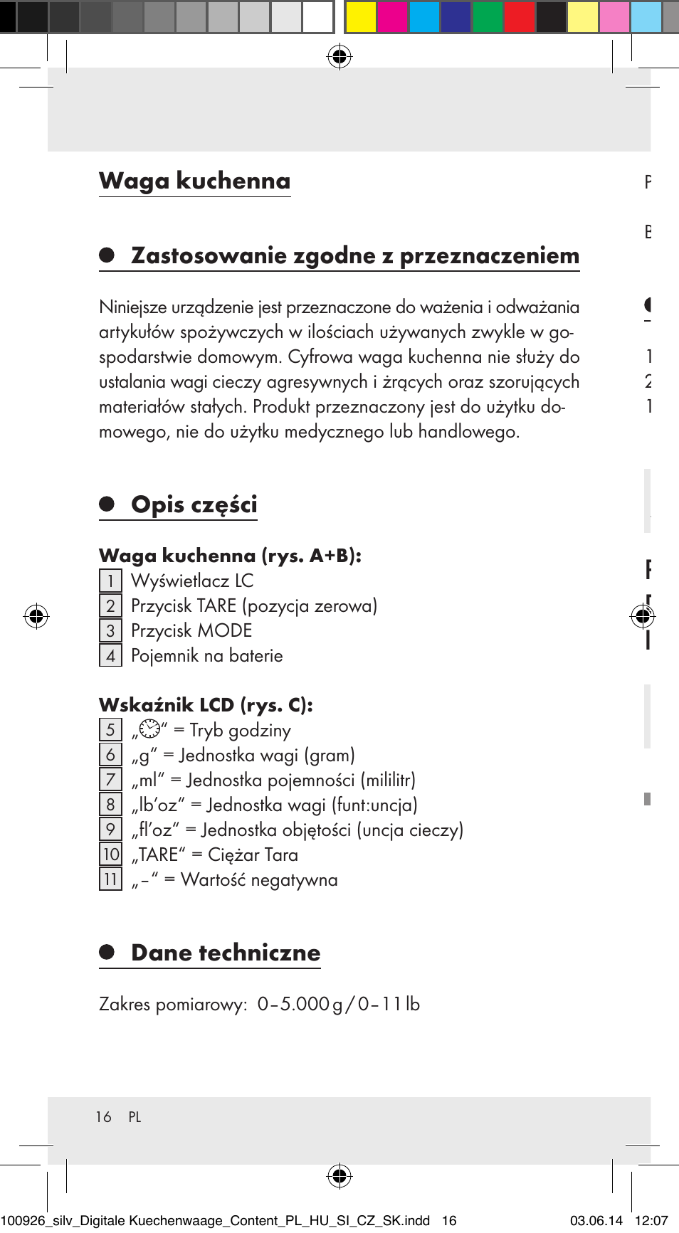 Waga kuchenna, Zastosowanie zgodne z przeznaczeniem, Opis części | Dane techniczne, Zawartość kompletu | Silvercrest 100926-14-01/100926-14-03/Z31622B User Manual | Page 16 / 85