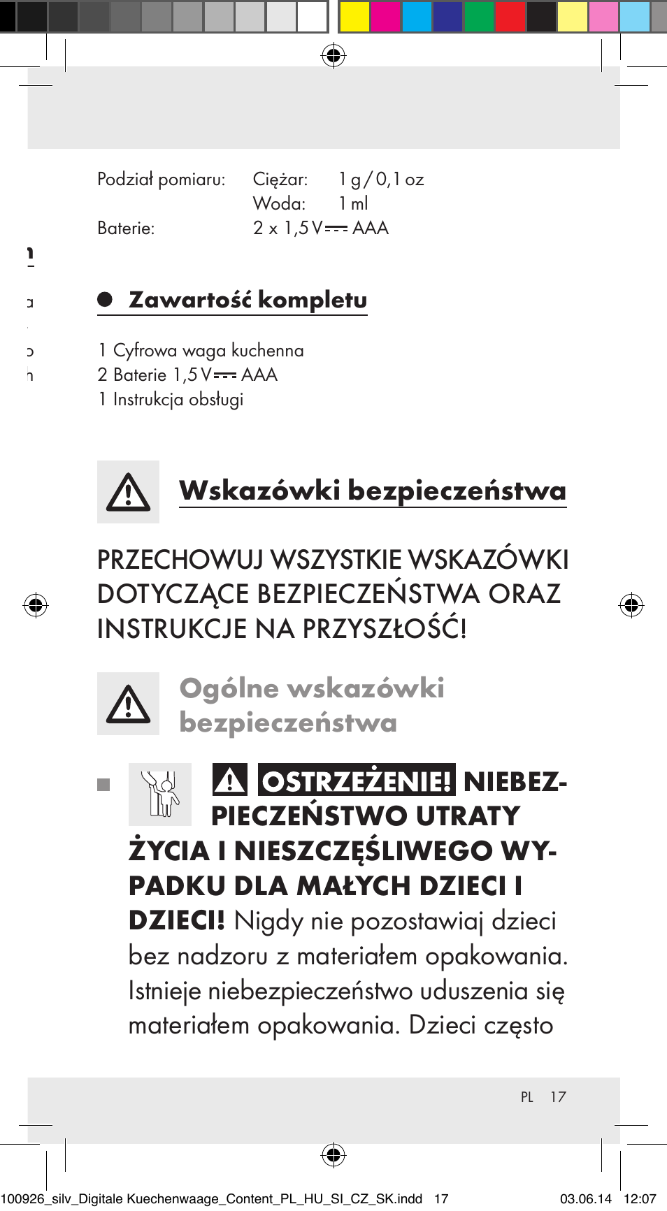 Waga kuchenna, Zastosowanie zgodne z przeznaczeniem, Opis części | Dane techniczne, Zawartość kompletu | Silvercrest 100926-14-01/100926-14-03/Z31622B User Manual | Page 17 / 85