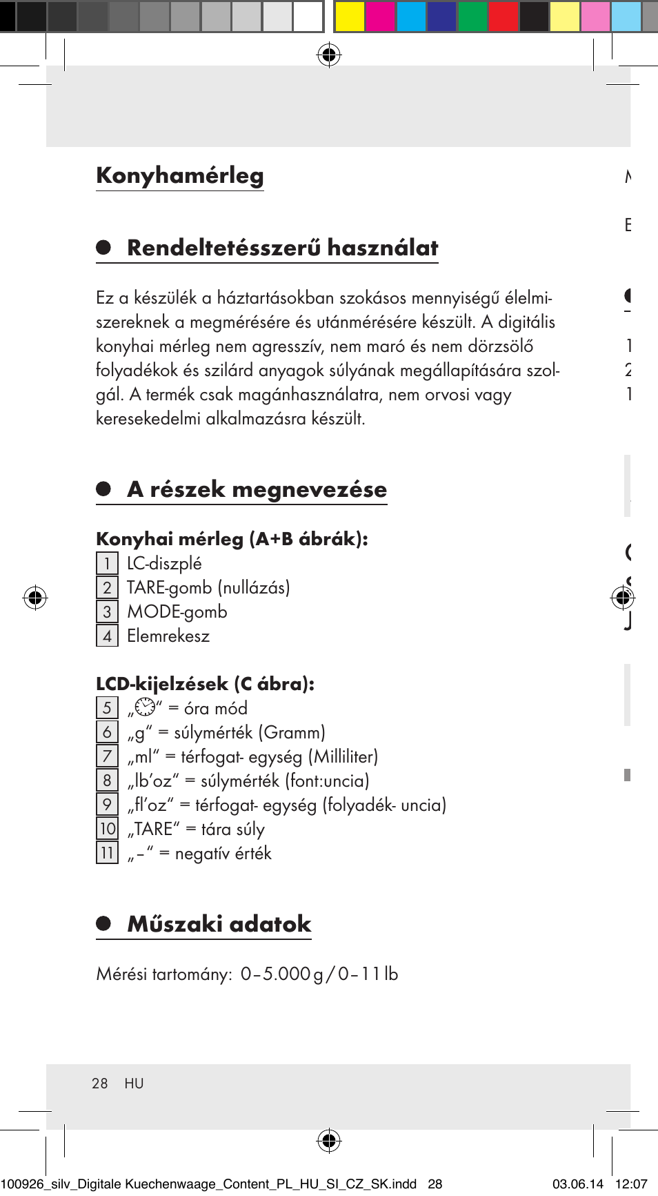 Konyhamérleg, Rendeltetésszerű használat, A részek megnevezése | Műszaki adatok, Tartalom | Silvercrest 100926-14-01/100926-14-03/Z31622B User Manual | Page 28 / 85