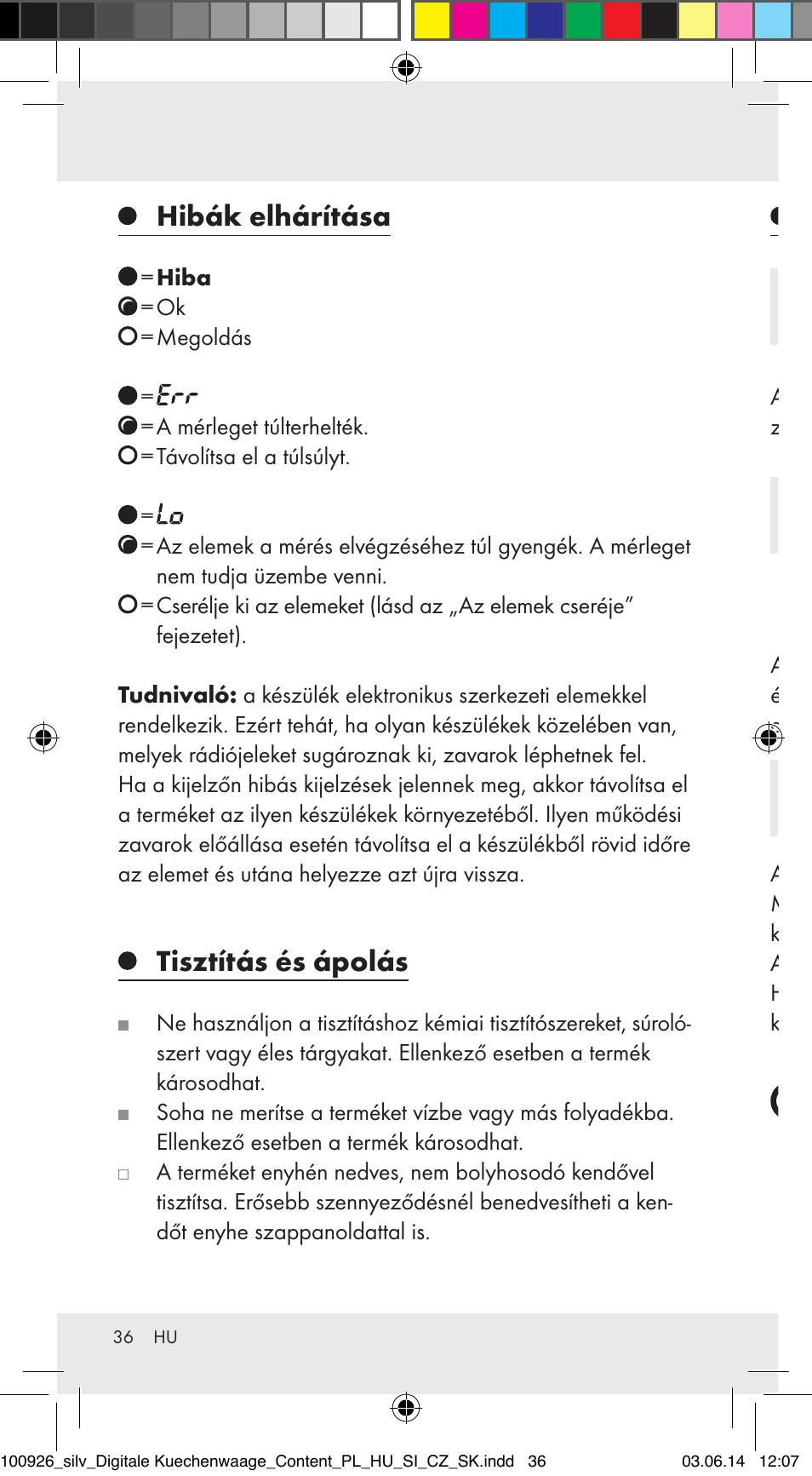 Hibák elhárítása, Tisztítás és ápolás, Megsemmisítés | Silvercrest 100926-14-01/100926-14-03/Z31622B User Manual | Page 36 / 85